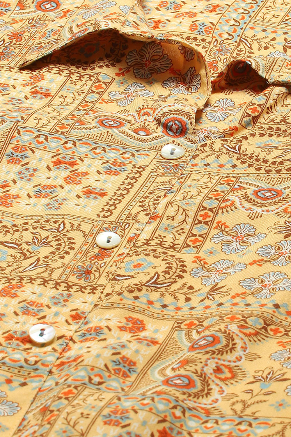 Mustard Yellow Printed Shirt-Style Kurti image number 1