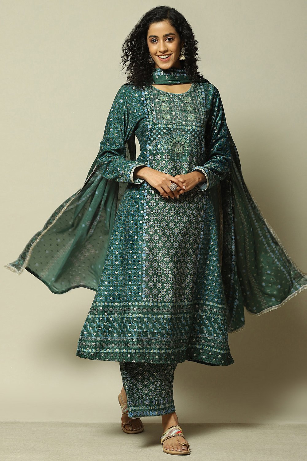 Green Polyester Straight Printed Kurta Palazzo Suit Set image number 0
