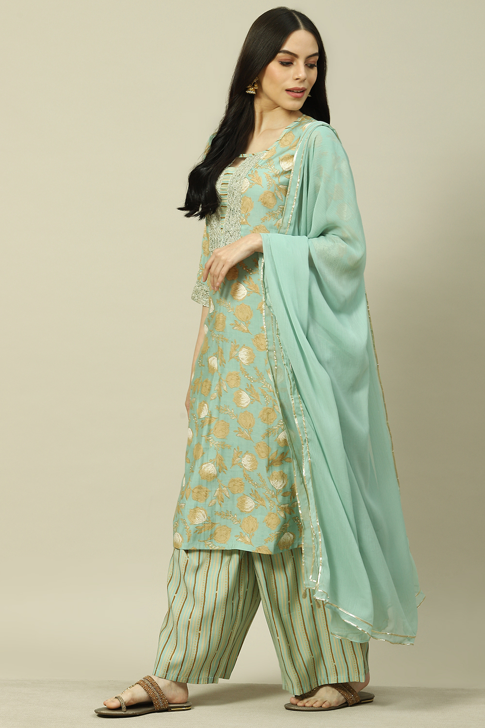 Light Blue Cotton Blend Woven Straight Kurta Suit Set image number 5