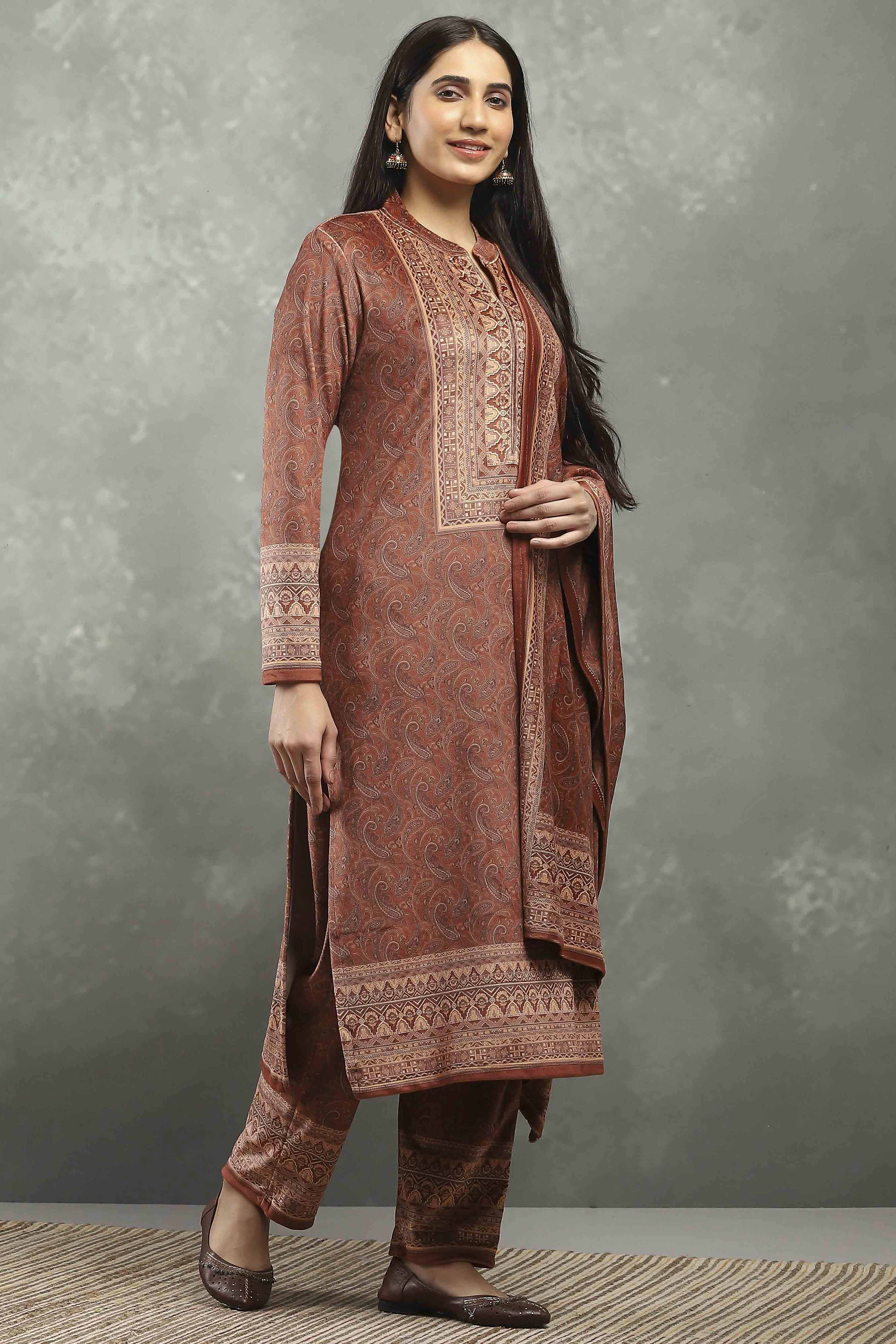 Brown Polyester Printed Straight Suit Set image number 5