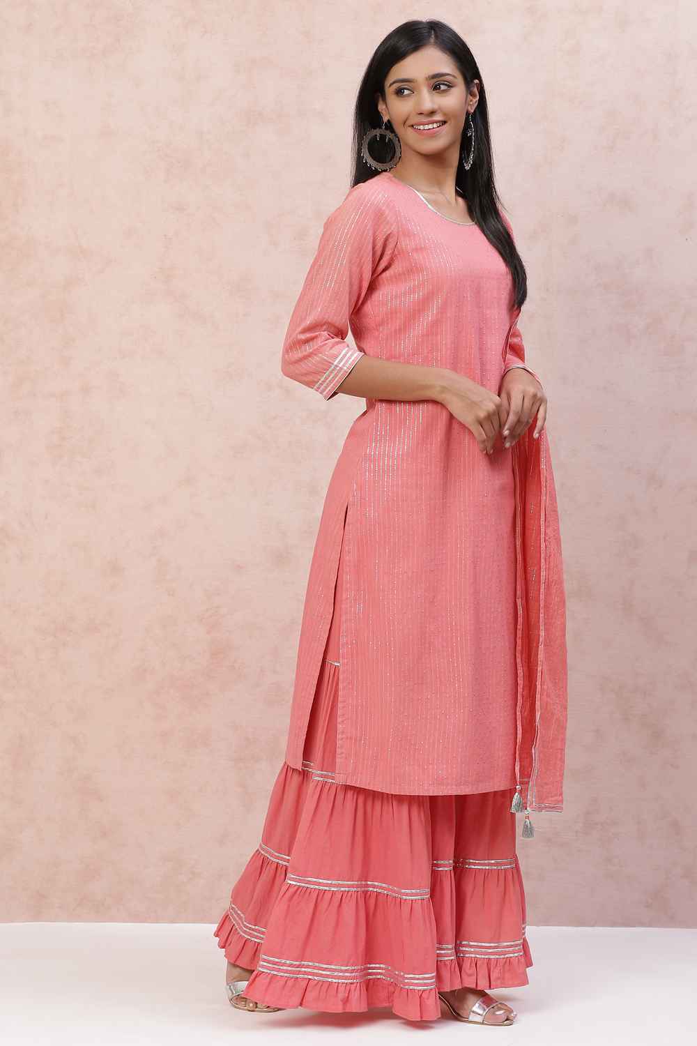 Peach Cotton Lurex Straight Suit Set image number 4