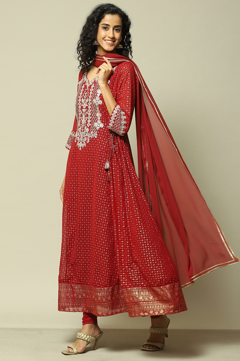 Ecru Polyester Kalidar Printed Kurta Legging Suit Set image number 0
