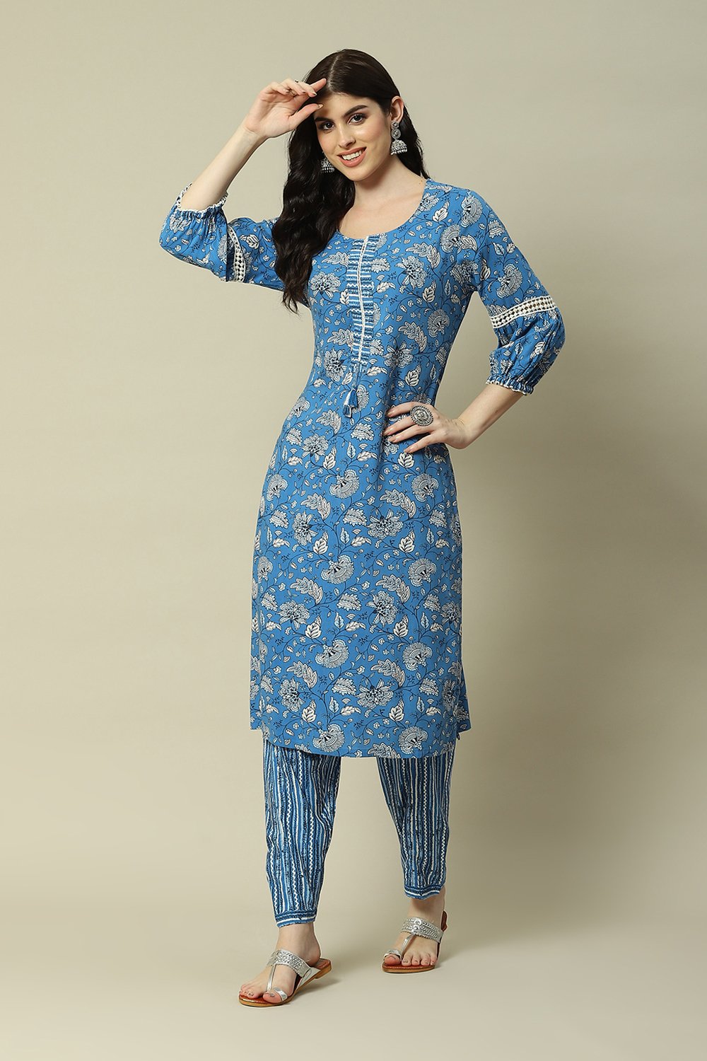 Blue LIVA Straight Printed Kurta Palazzo Suit Set image number 0