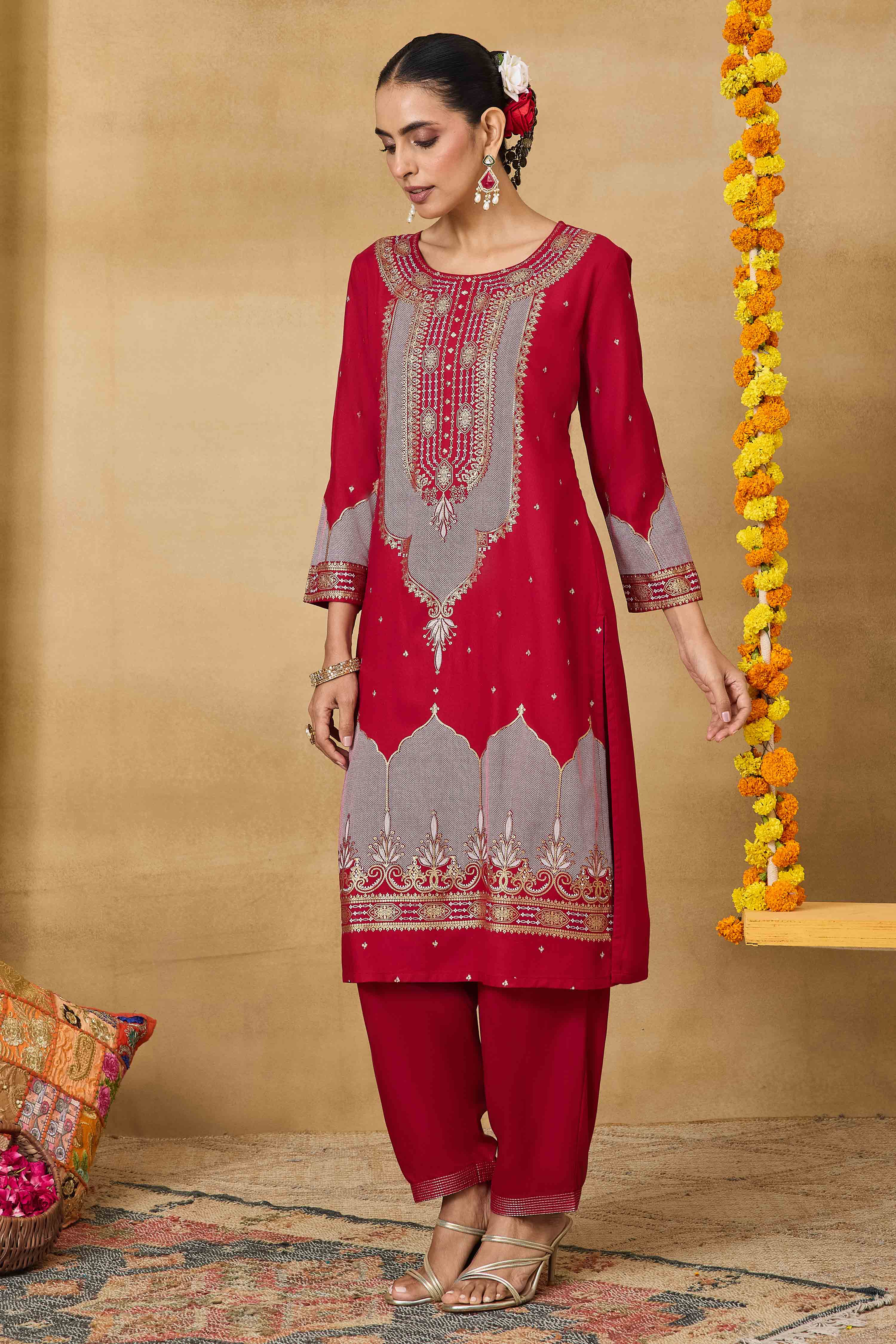 Red Viscose Rayon Straight Printed Kurta Pants Set image number 6