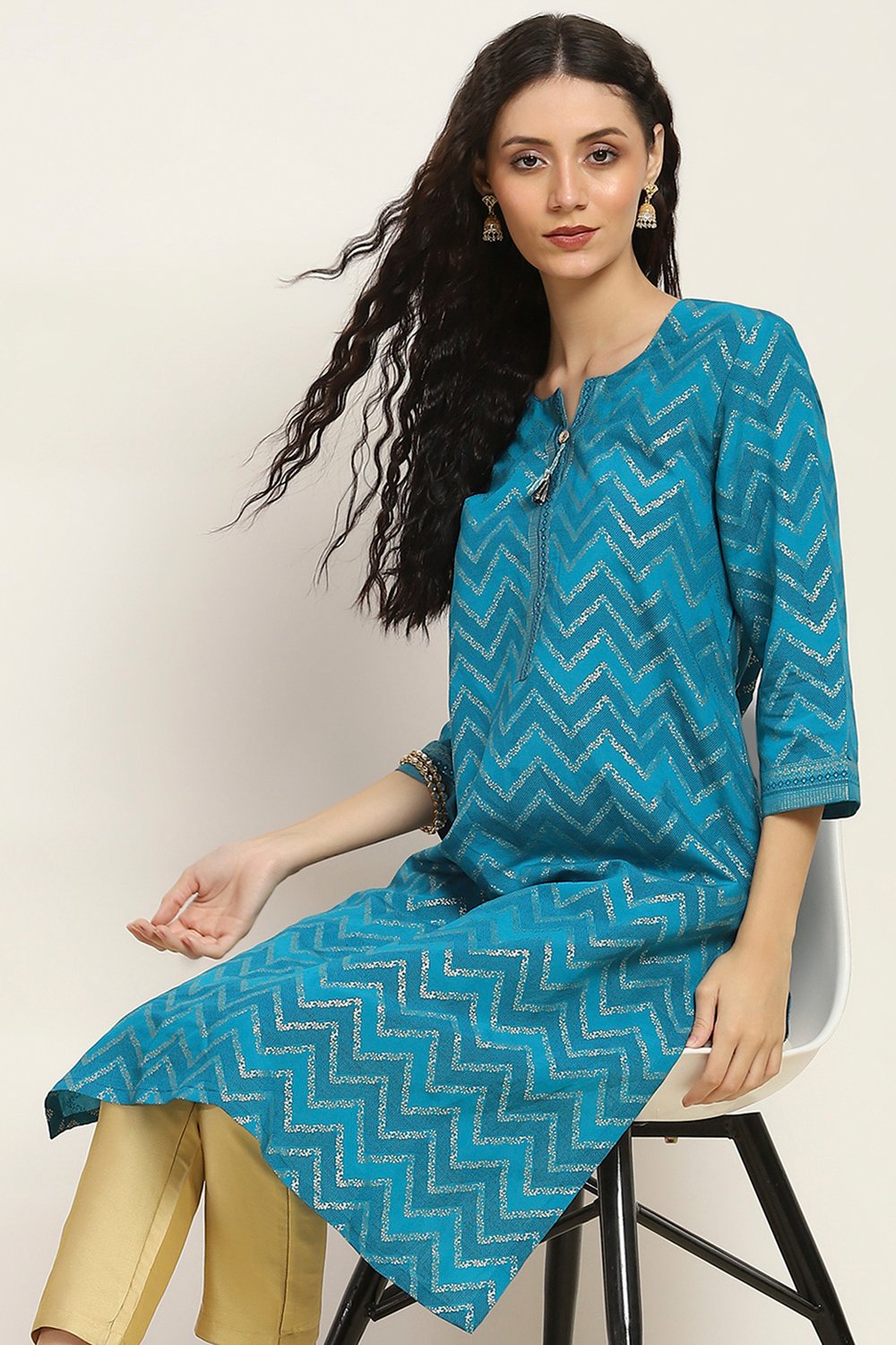 Aqua Viscose Blend Printed Straight Kurta image number 0