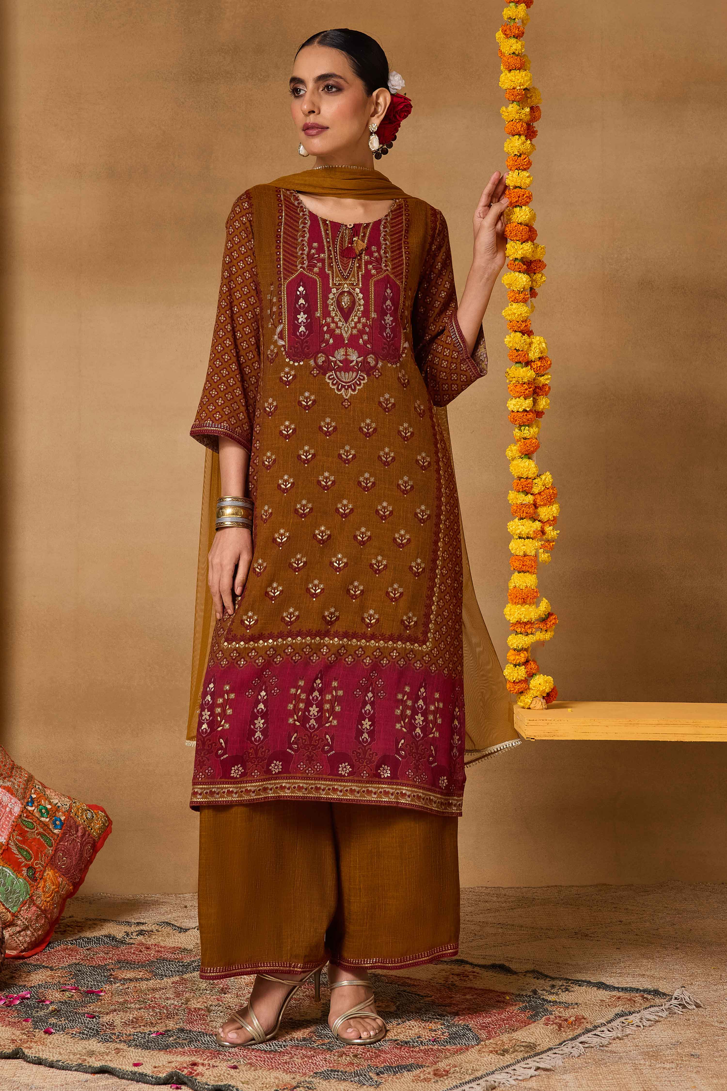 Mustard Viscose Blend Straight Printed Suit Set image number 7