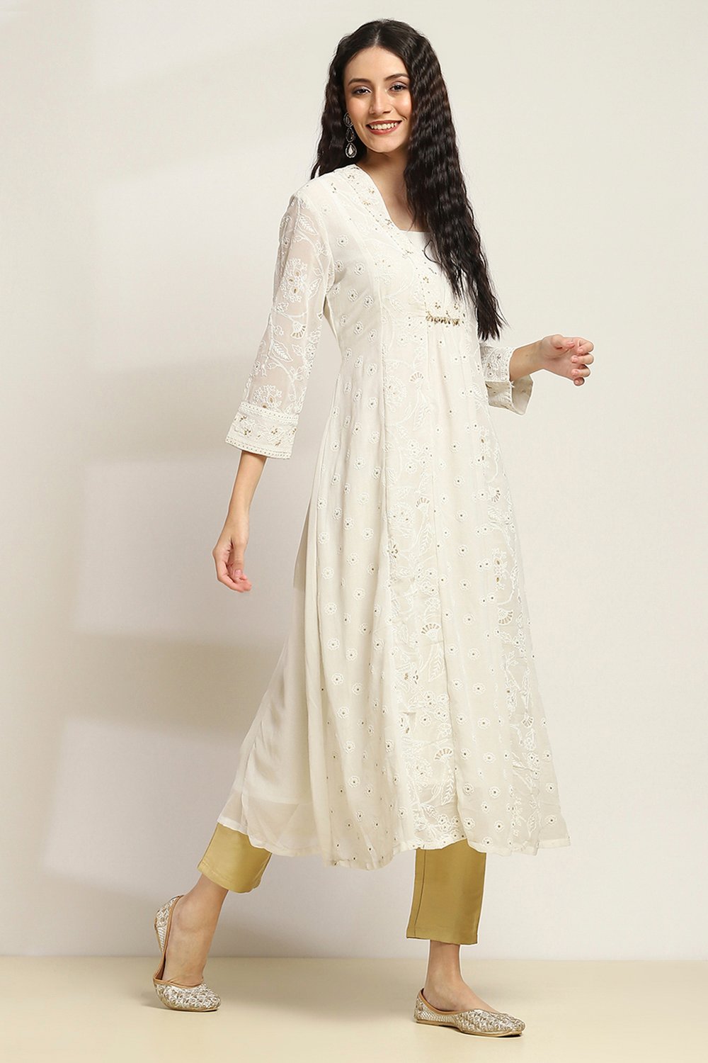 White Polyester Flared Kurta image number 4