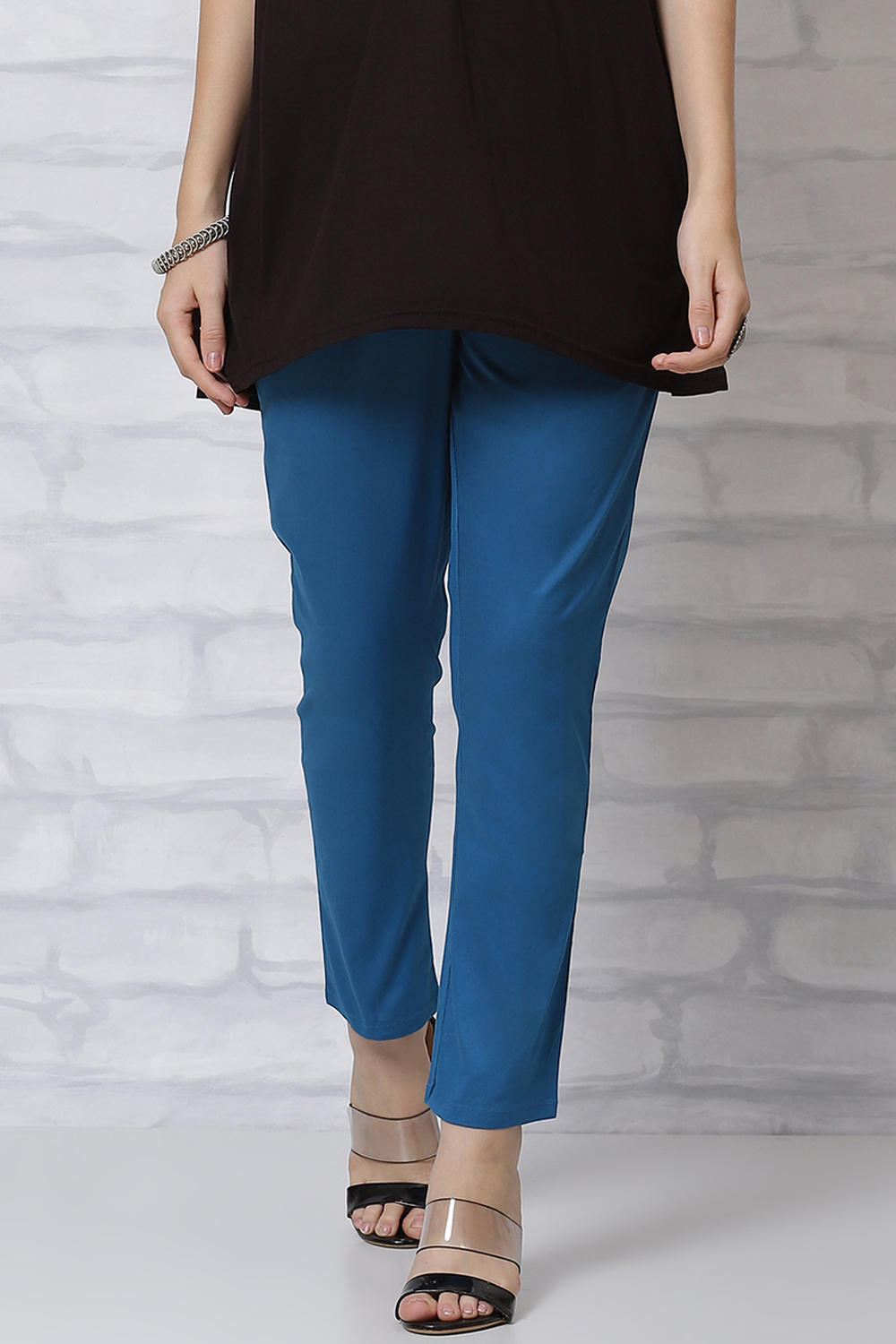 Teal Blue Poly Cotton Slim Pants image number 0