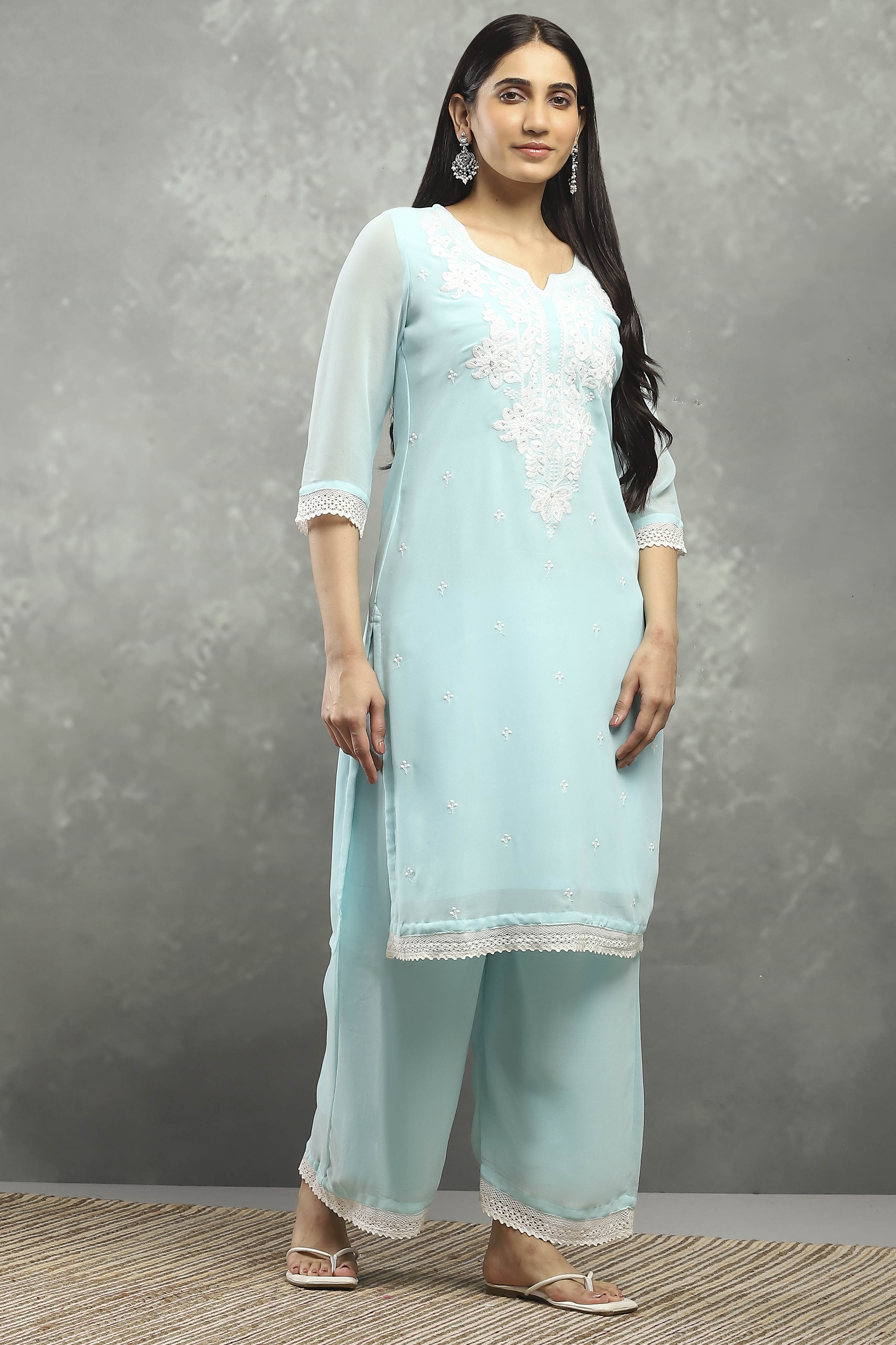 Sky Blue Polyester Straight Kurta Pants Set image number 5