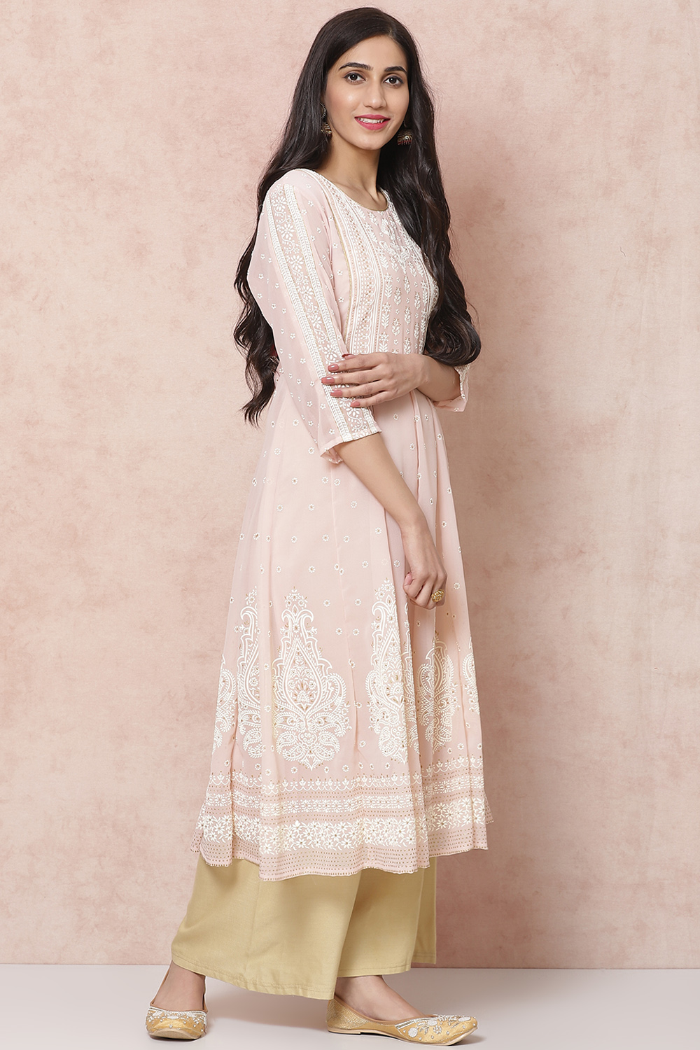 Pastel Pink Art Silk Kalidar Kurta image number 3