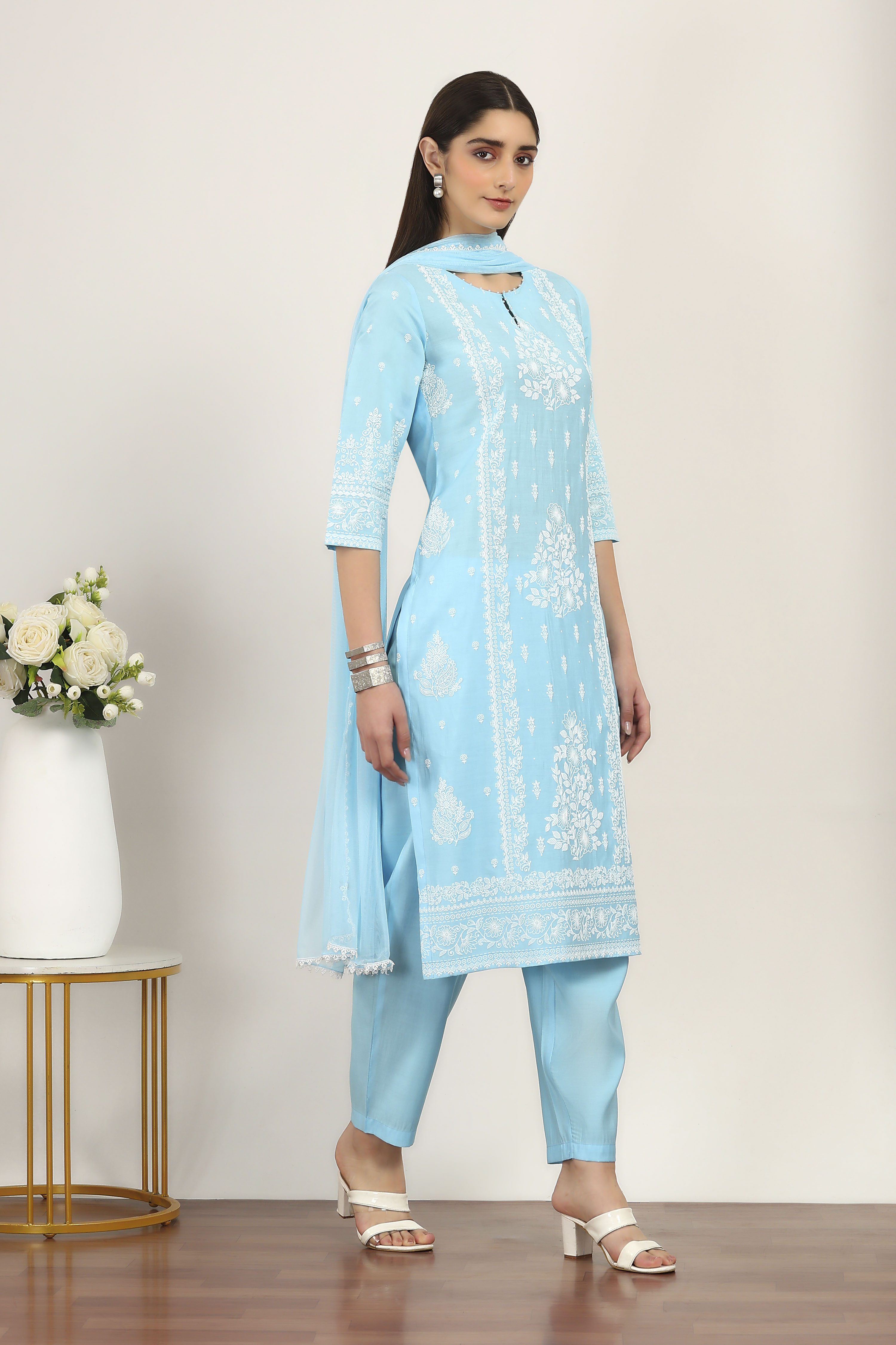 Yellow Viscose Polyester Straight Suit Sets image number 5