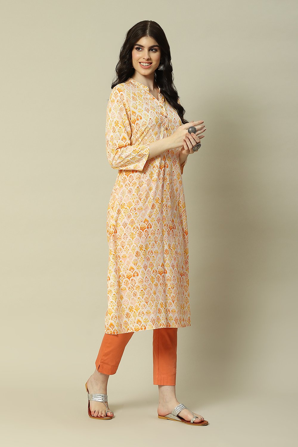 Yellow LIVA Straight Printed Kurta image number 3