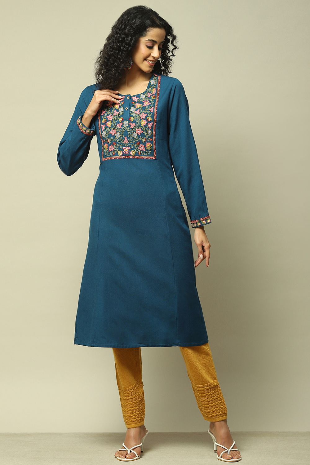 Teal Blue Acrylic Solid Kurta image number 0