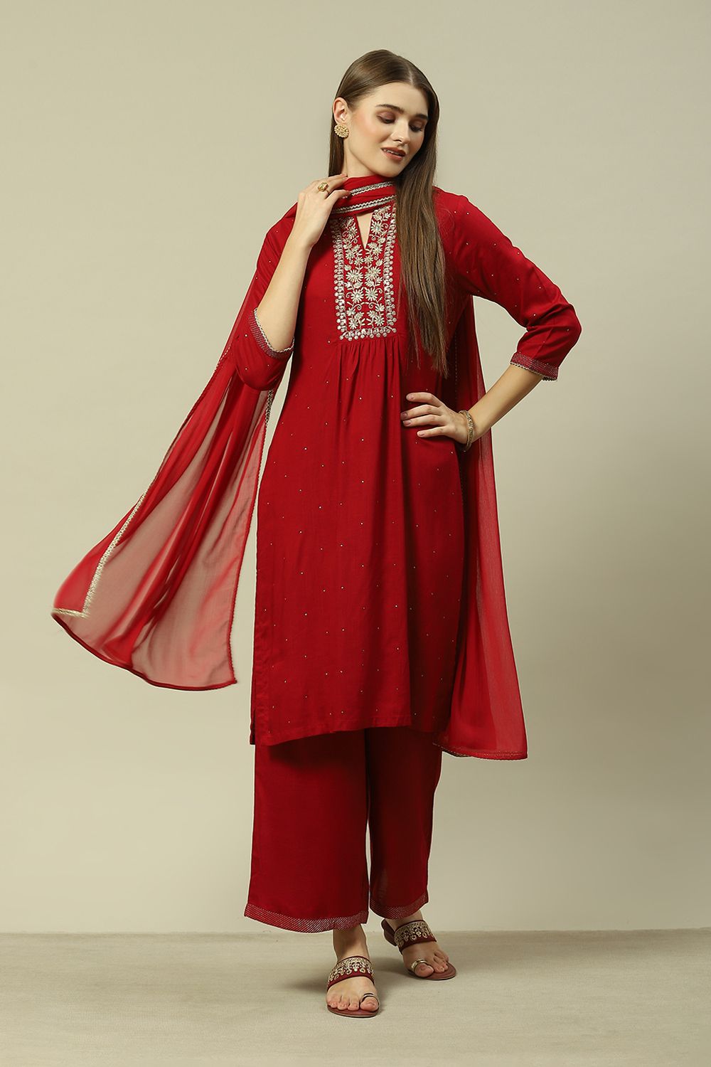 Red LIVA Straight Printed Kurta Palazzo Suit Set image number 0