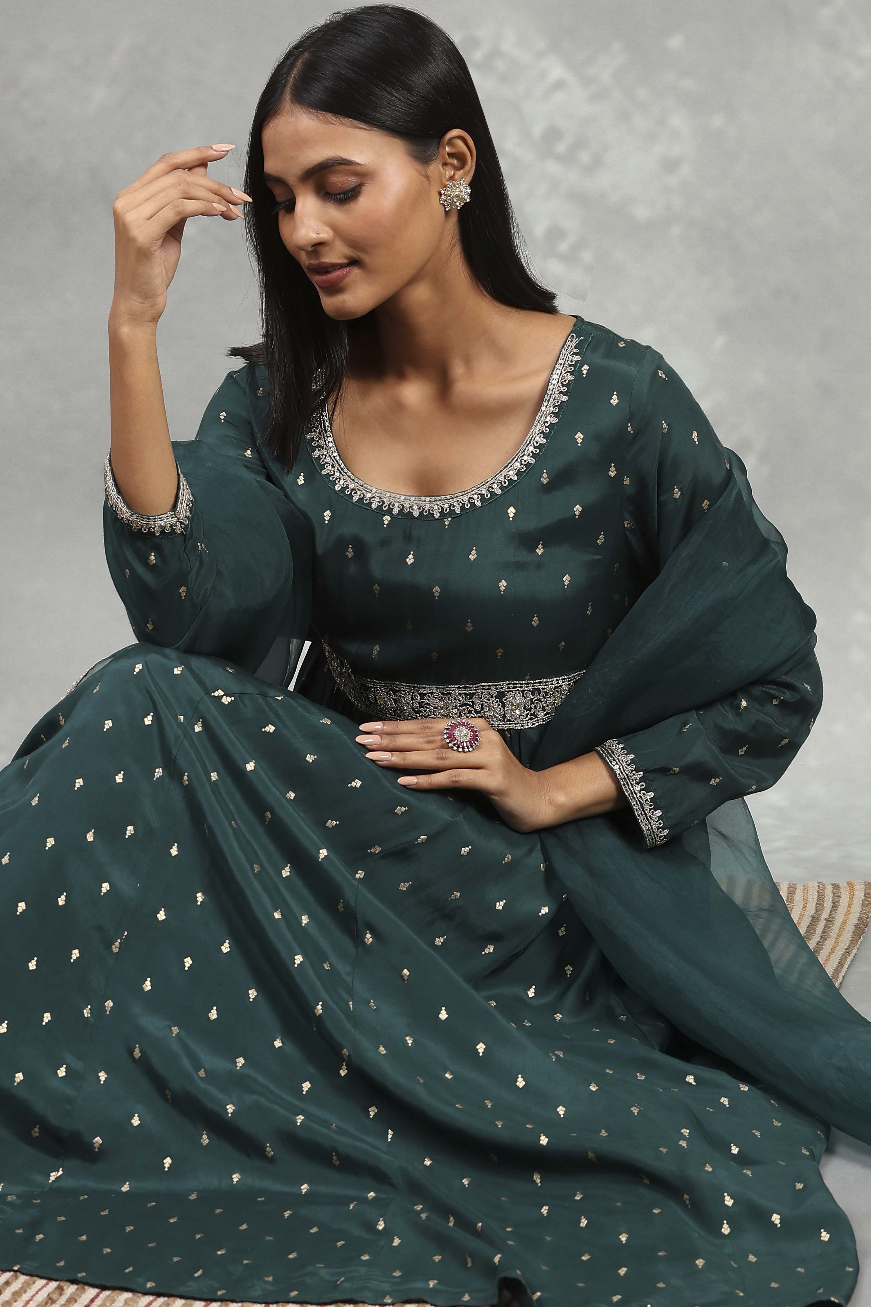 Green Viscose Rayon Printed Anarkali Dress image number 6