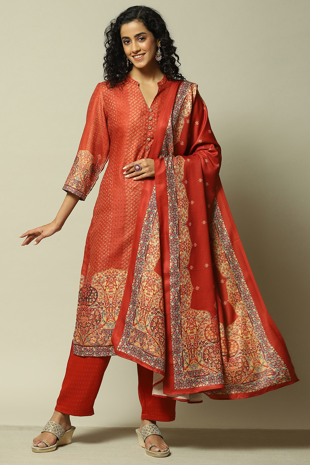 Rust Polyester Straight Printed Kurta Palazzo Suit Set image number 0