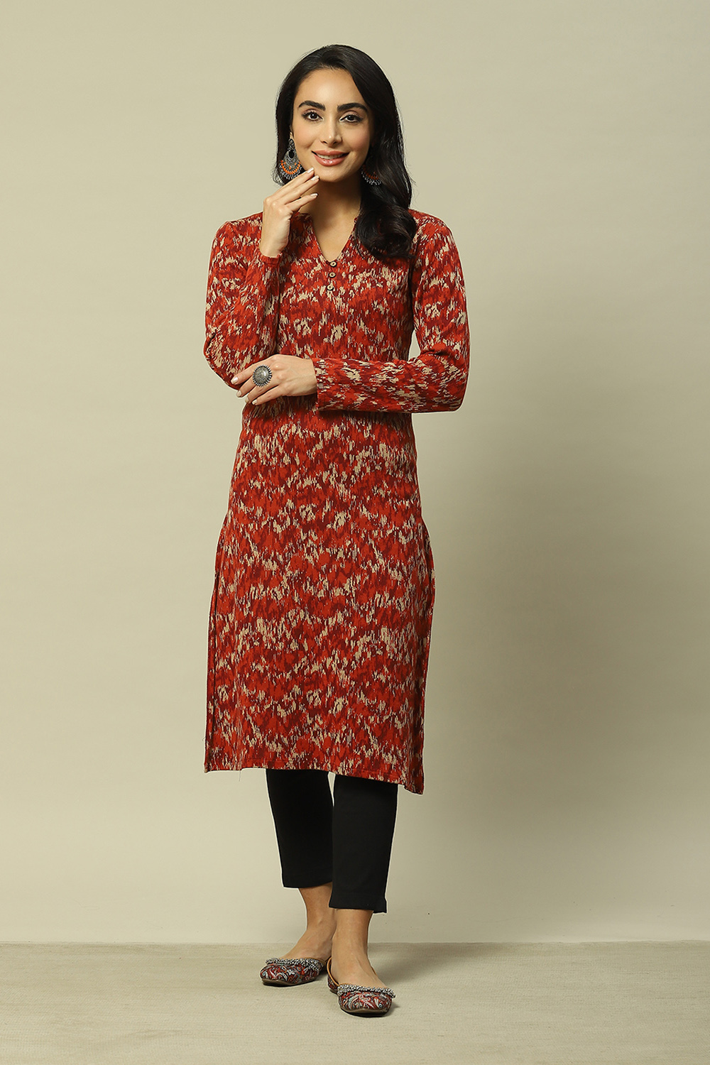 Rust Cotton Blend Straight Printed Kurta image number 0