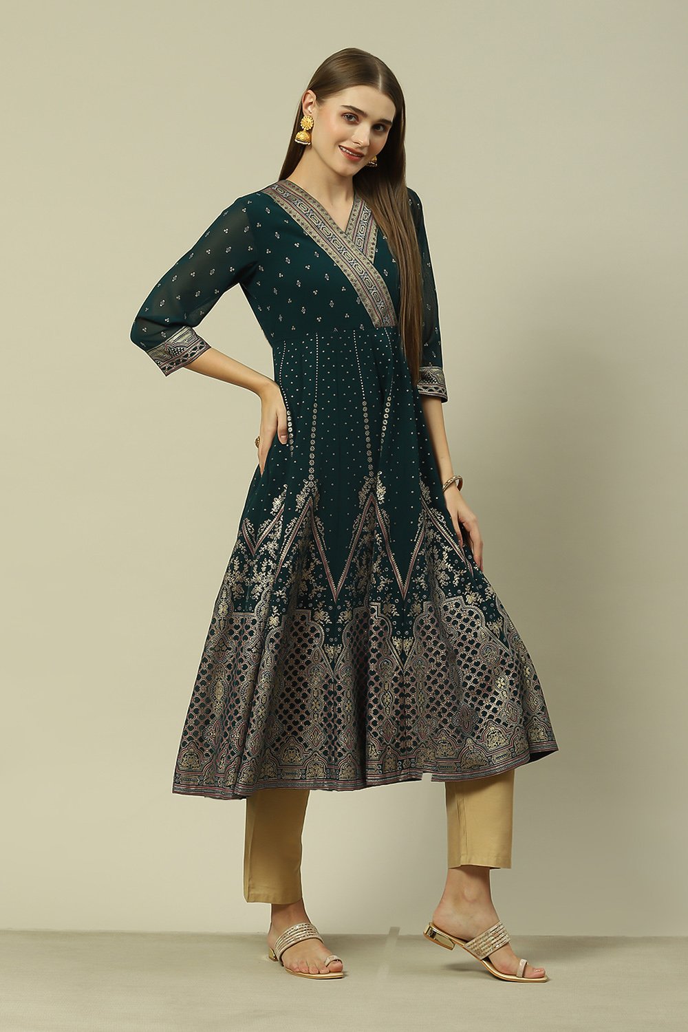 Green Polyester Kalidar Printed Dress image number 4