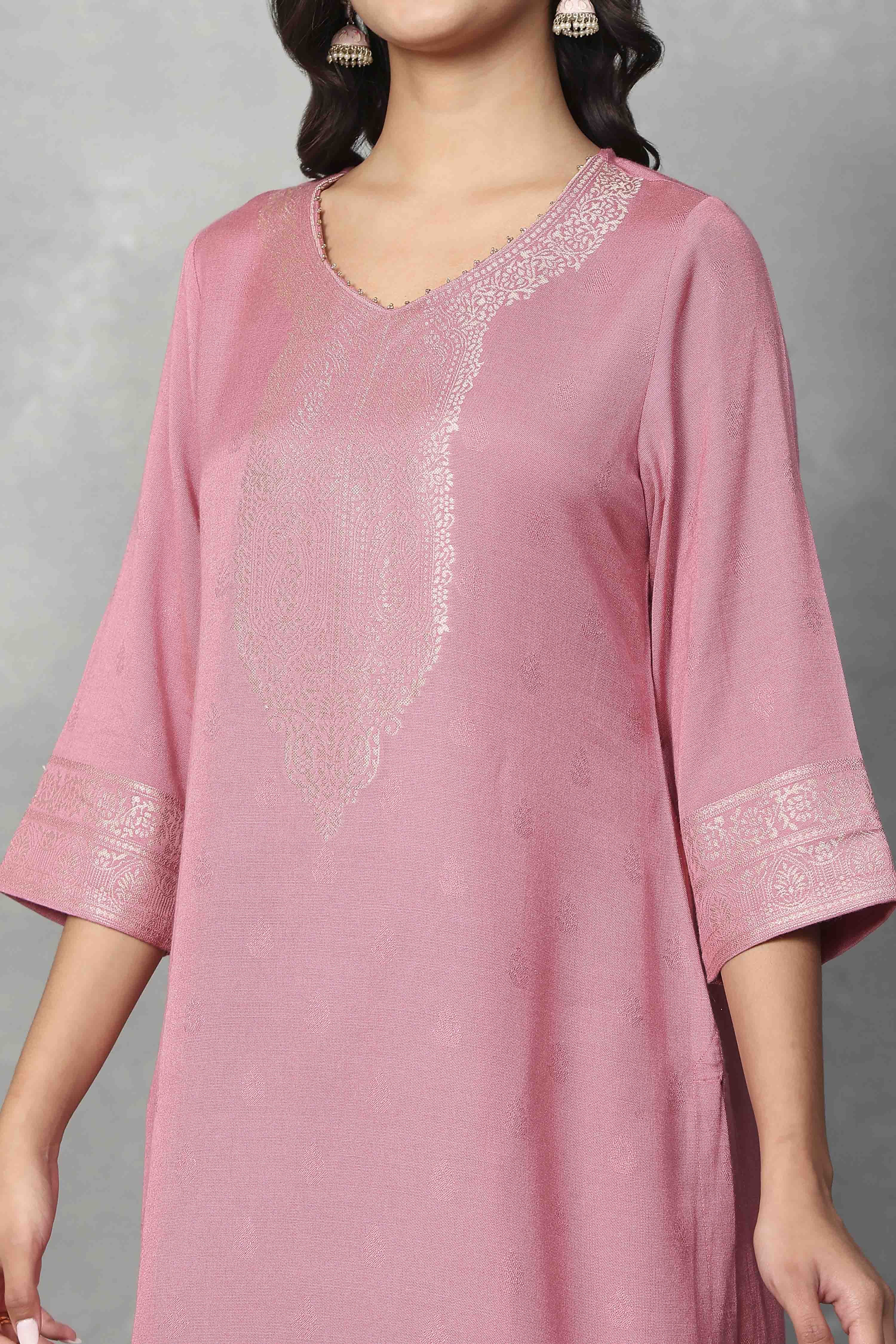 Pink Polyester Yarndyed Straight Suit Set image number 1