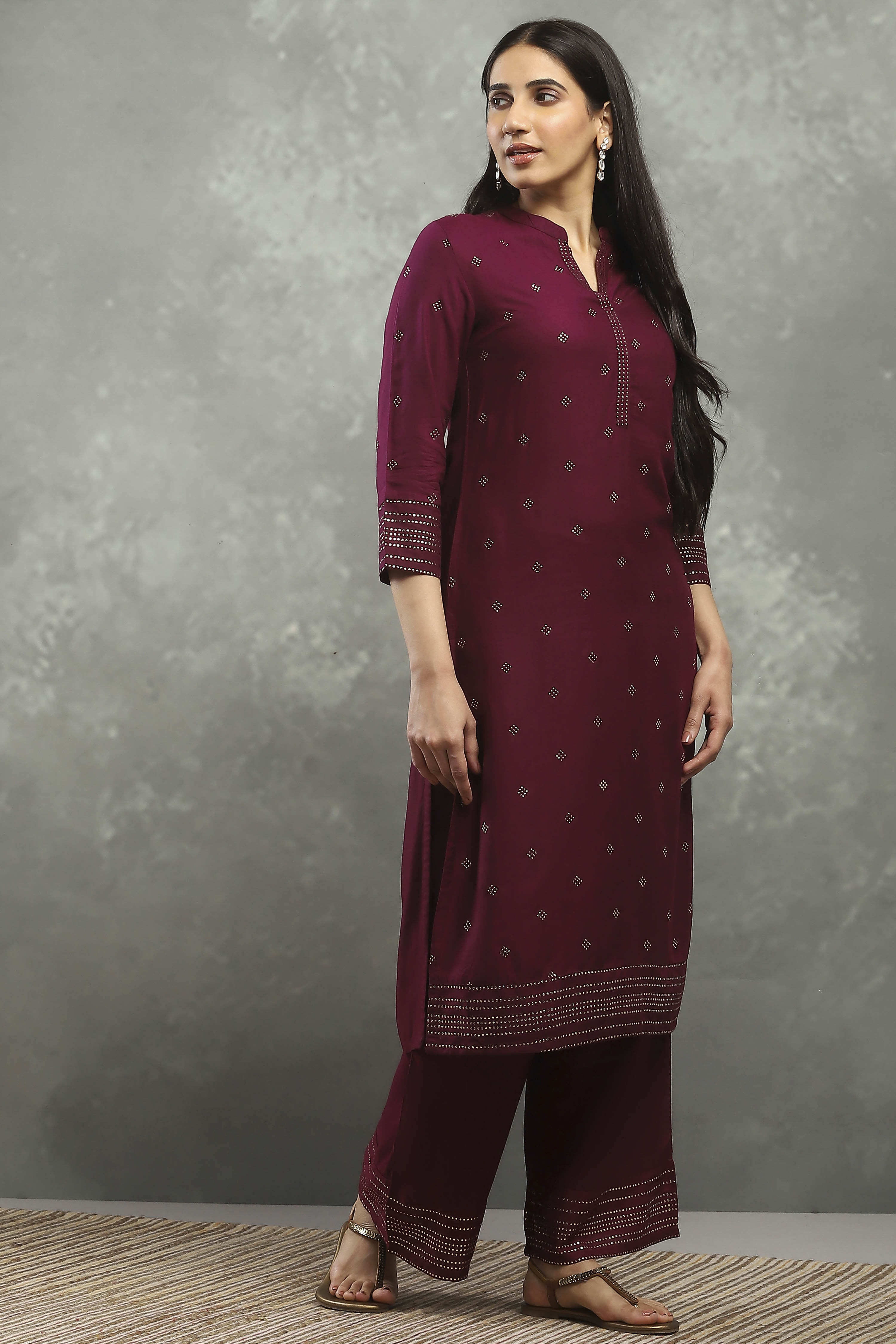 Purple Viscose Straight Kurta Pants Set image number 5