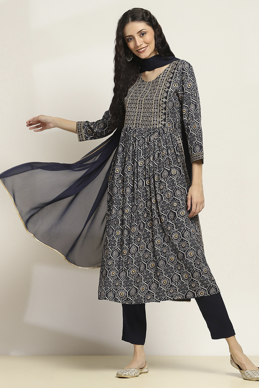 Navy Viscose Rayon Printed Gathered Suit Set image number 6