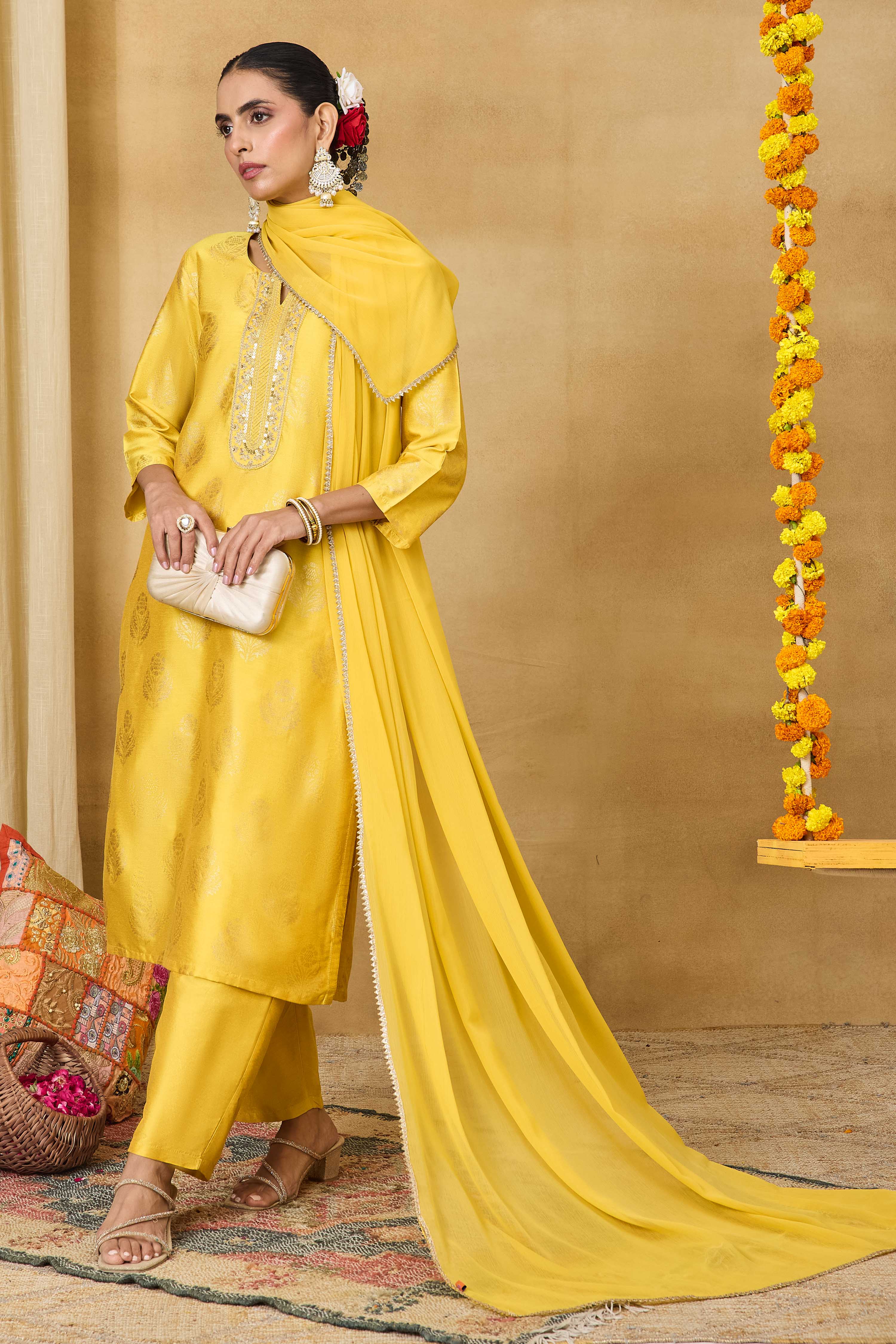 Off White Viscose Blend Straight Printed Suit Set image number 0