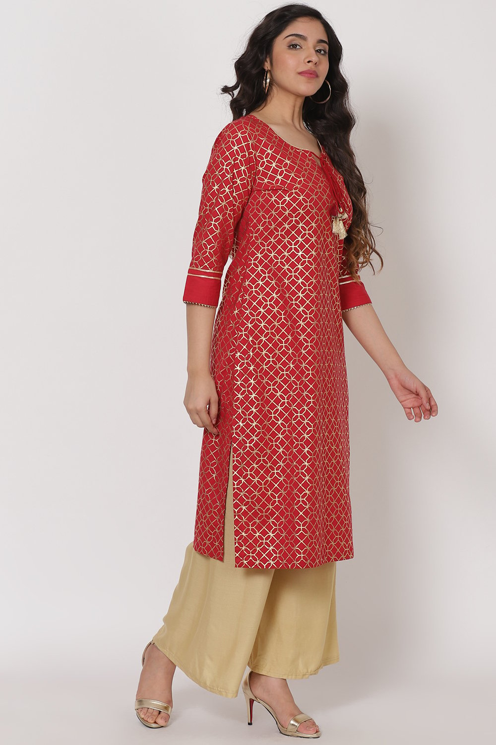 Red Polyster Kurta image number 3