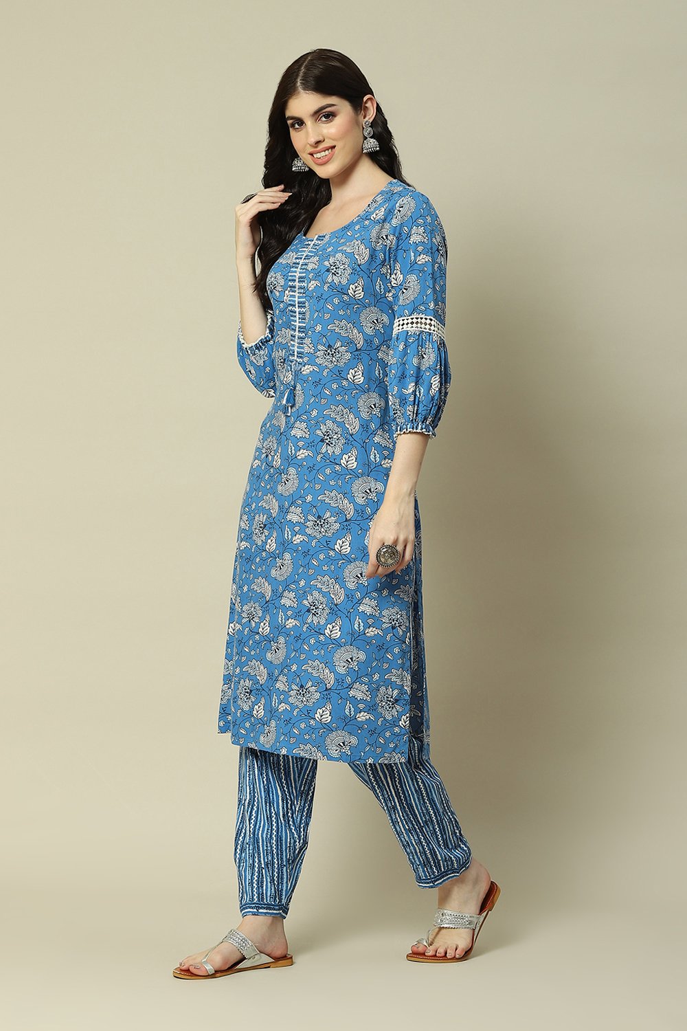 Blue LIVA Straight Printed Kurta Palazzo Suit Set image number 3