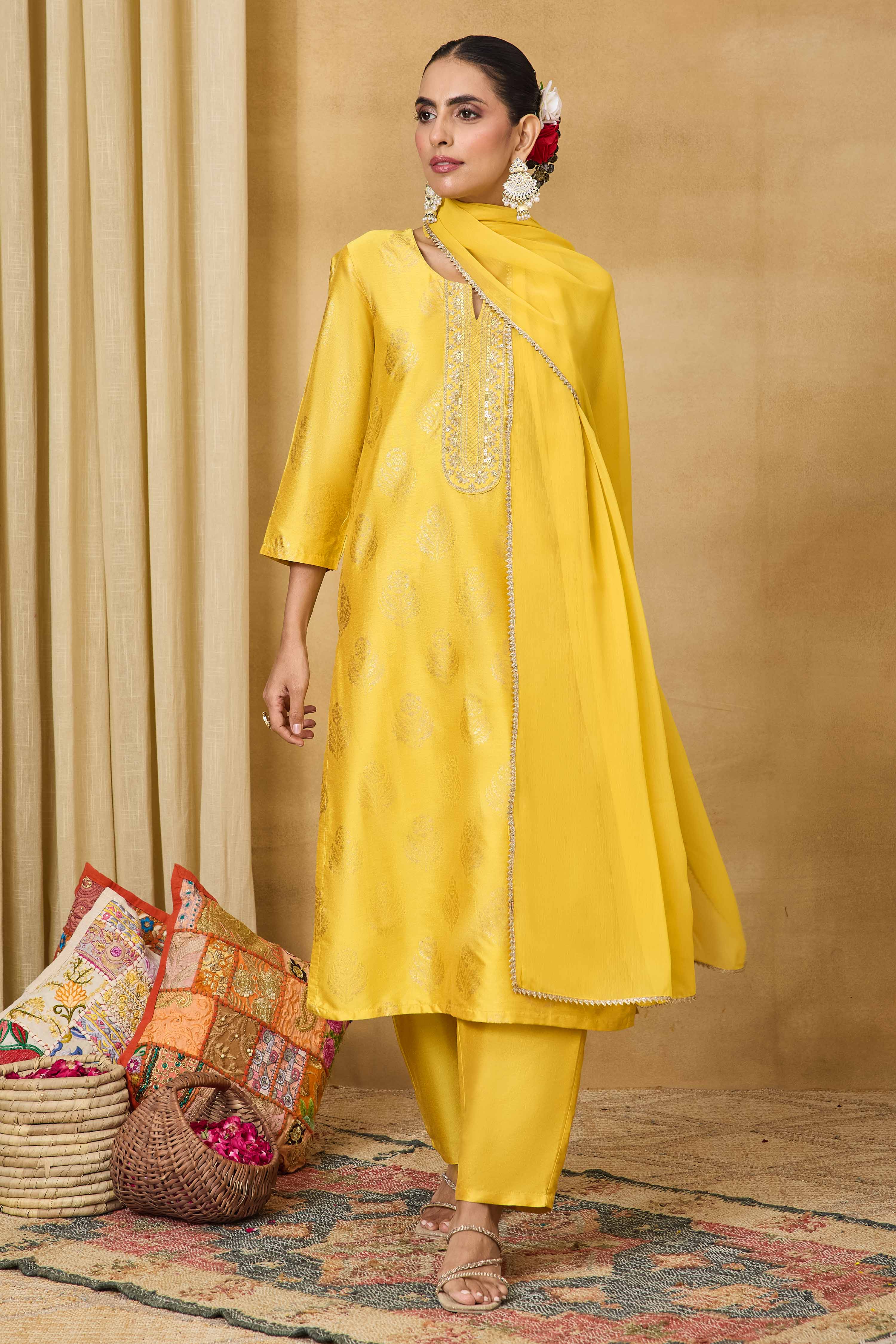 Off White Viscose Blend Straight Printed Suit Set image number 7