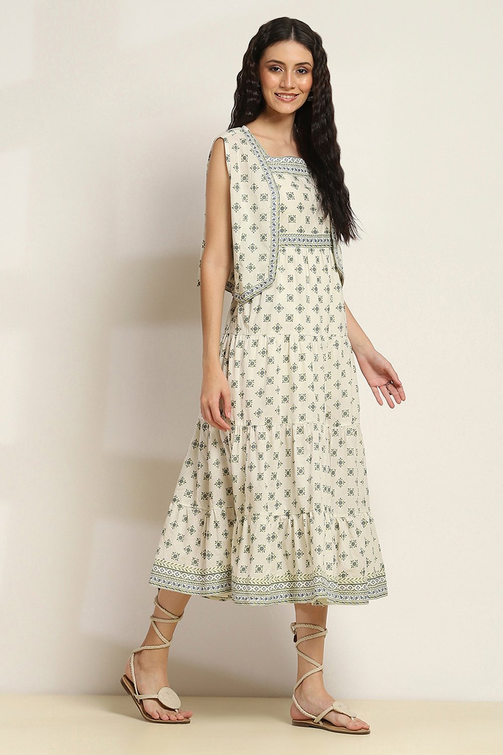 Off-White Cotton Printed Tiered Dress image number 4