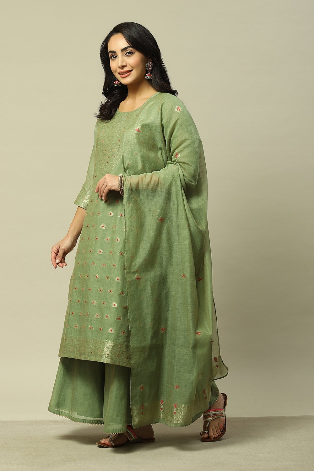 Green Polyester Straight Yarndyed Kurta Palazzo Suit Set image number 4