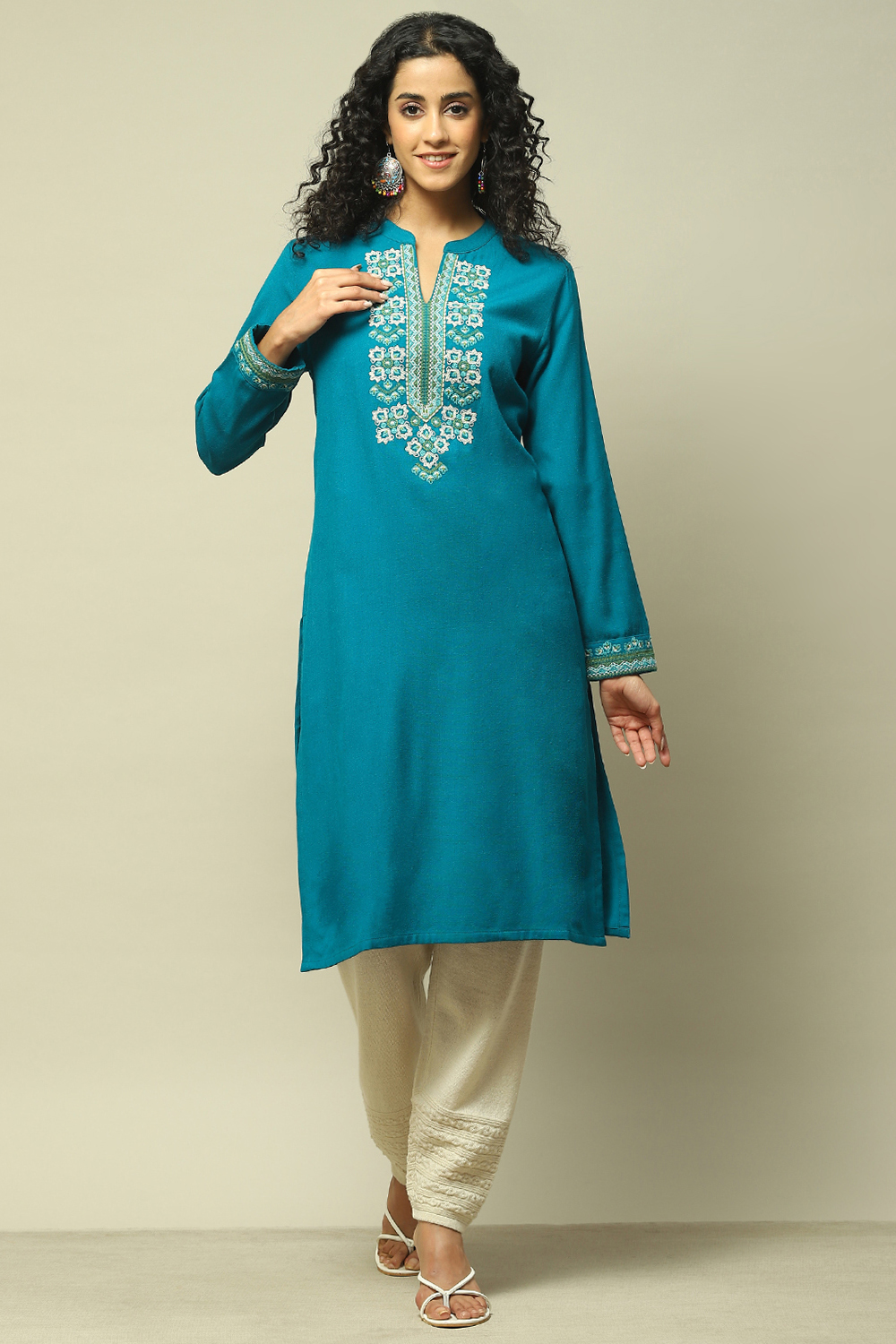 Teal Acrylic Straight Solid Kurta image number 5