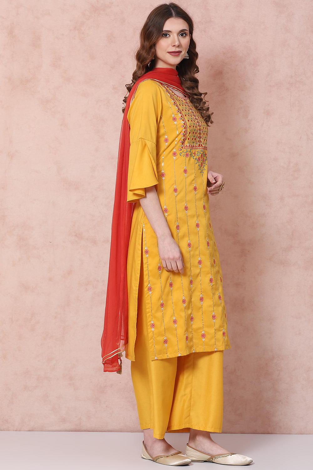 Mustard Art Silk Straight Suit Set image number 6