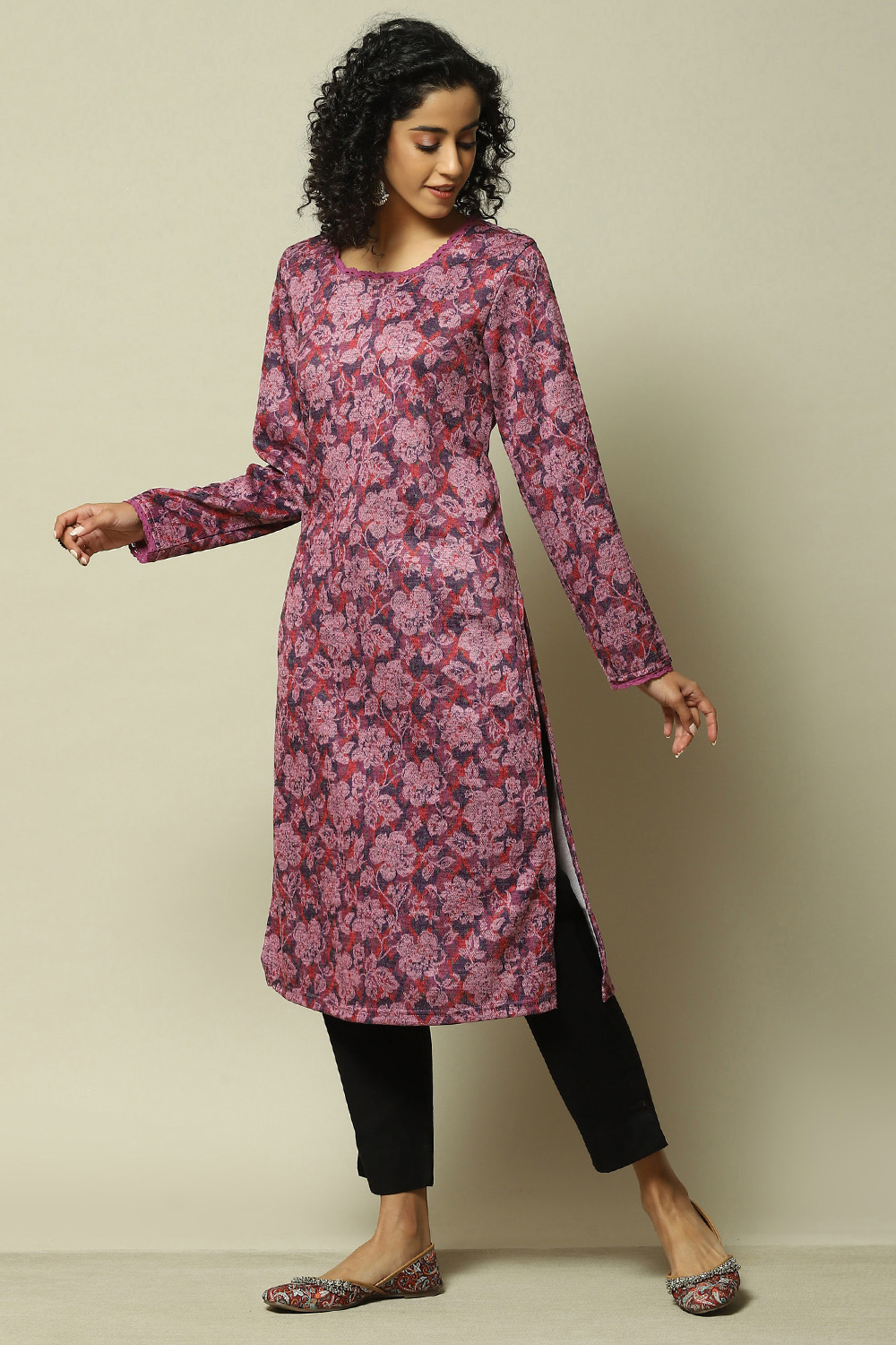 Pink Acrylic Straight Printed Kurta image number 2