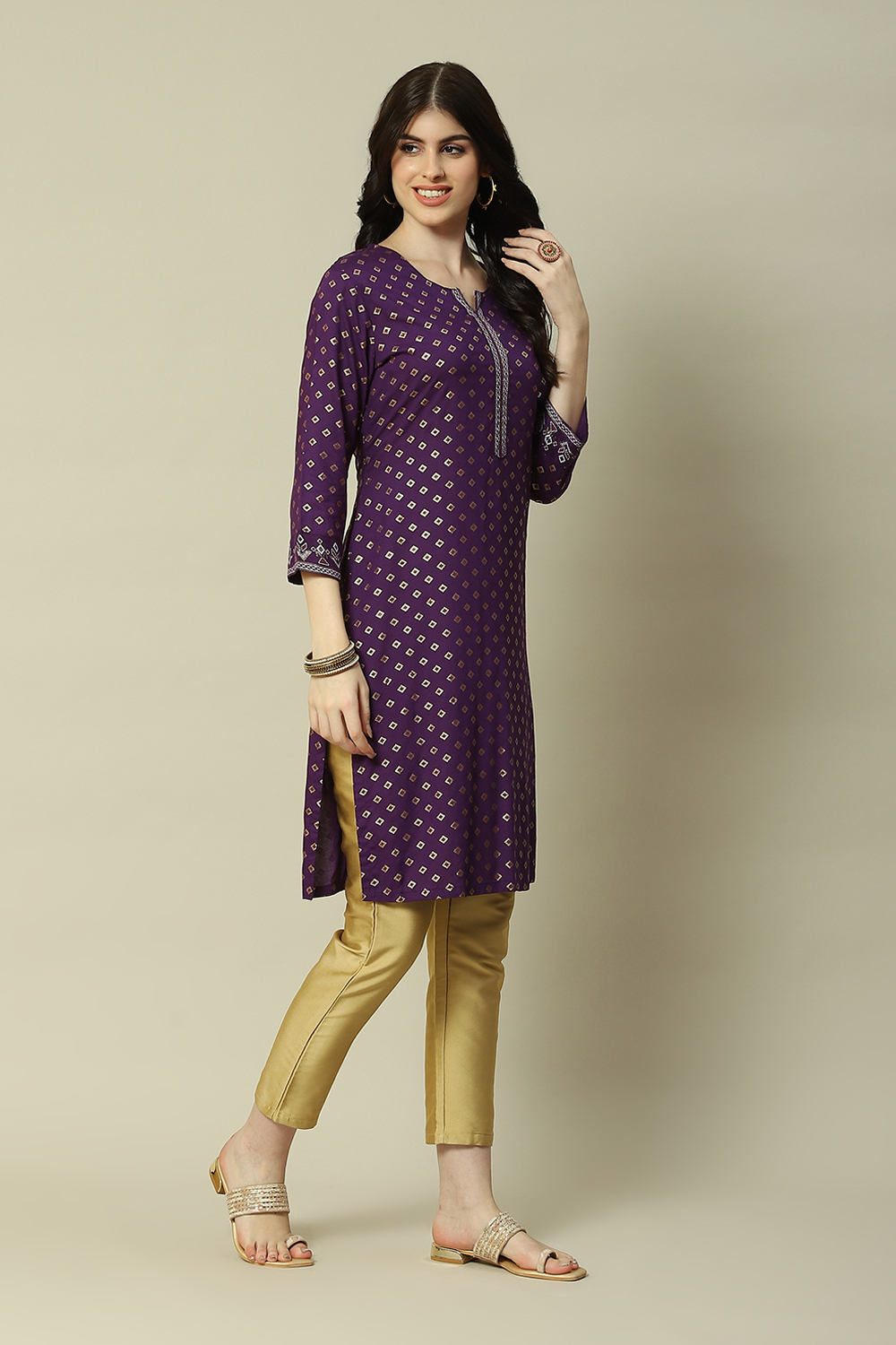 Purple Viscose Straight Printed Kurta image number 3