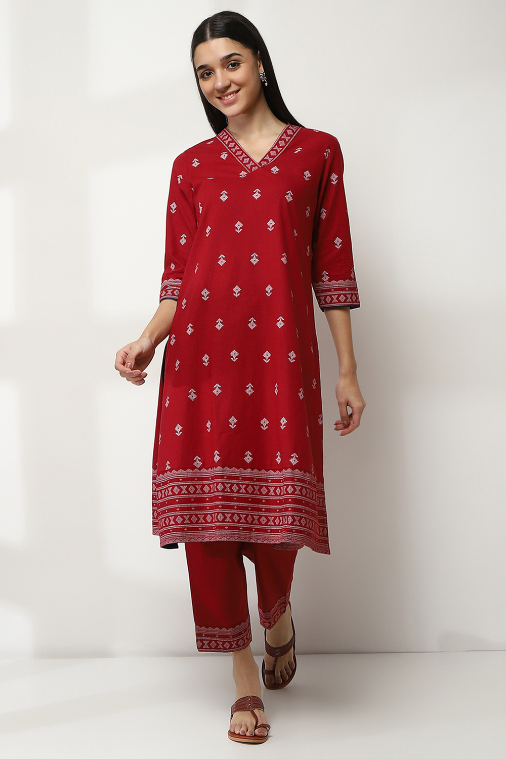 Maroon Cotton Printed Straight Kurta Set image number 6