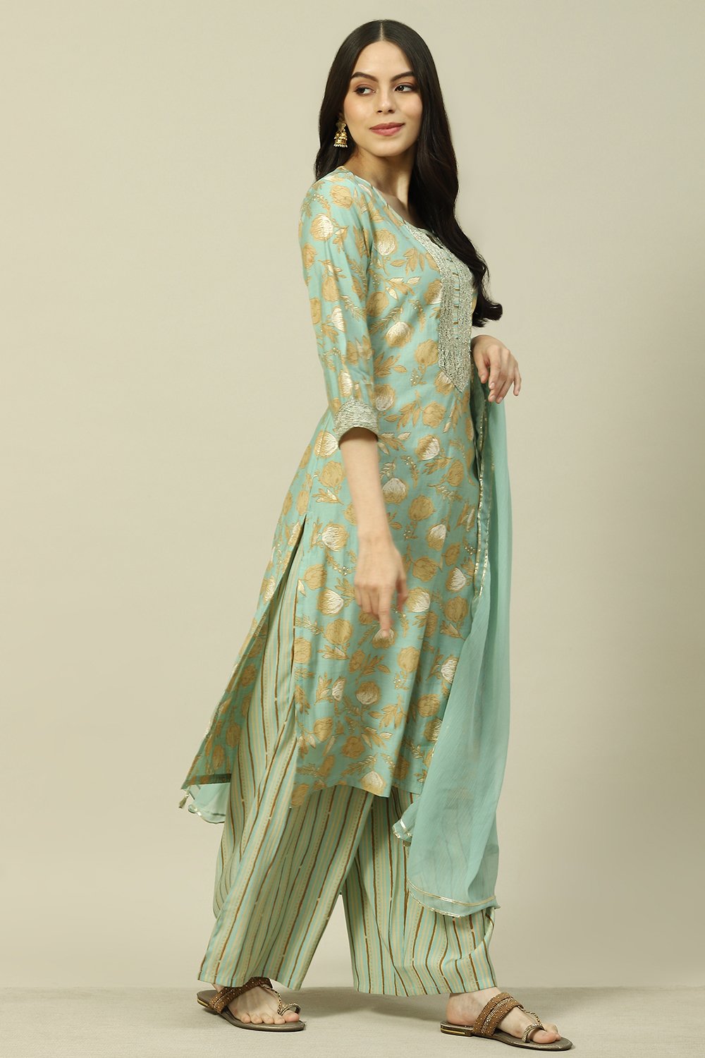 Light Blue Cotton Blend Woven Straight Kurta Suit Set image number 6