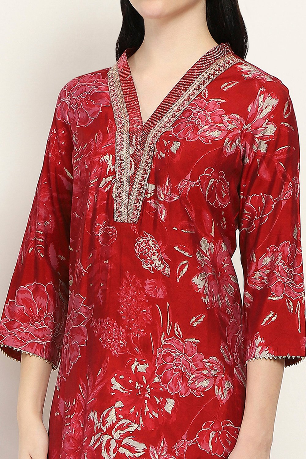 Red Viscose Blend Straight Set image number 1