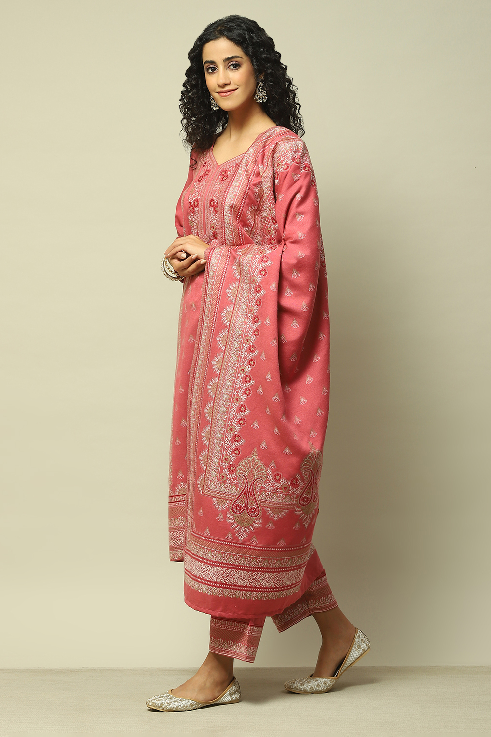 Coral Poly Viscose Straight Yarndyed Kurta Palazzo Suit Set image number 4