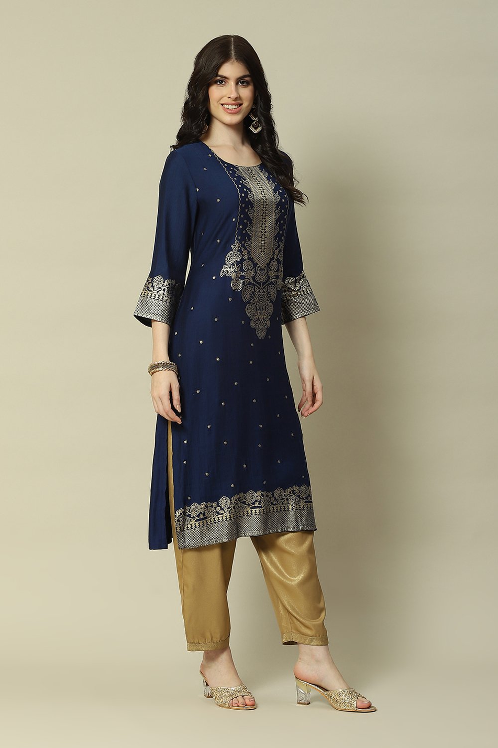 Navy Blue LIVA Blend Straight Printed Kurta image number 3