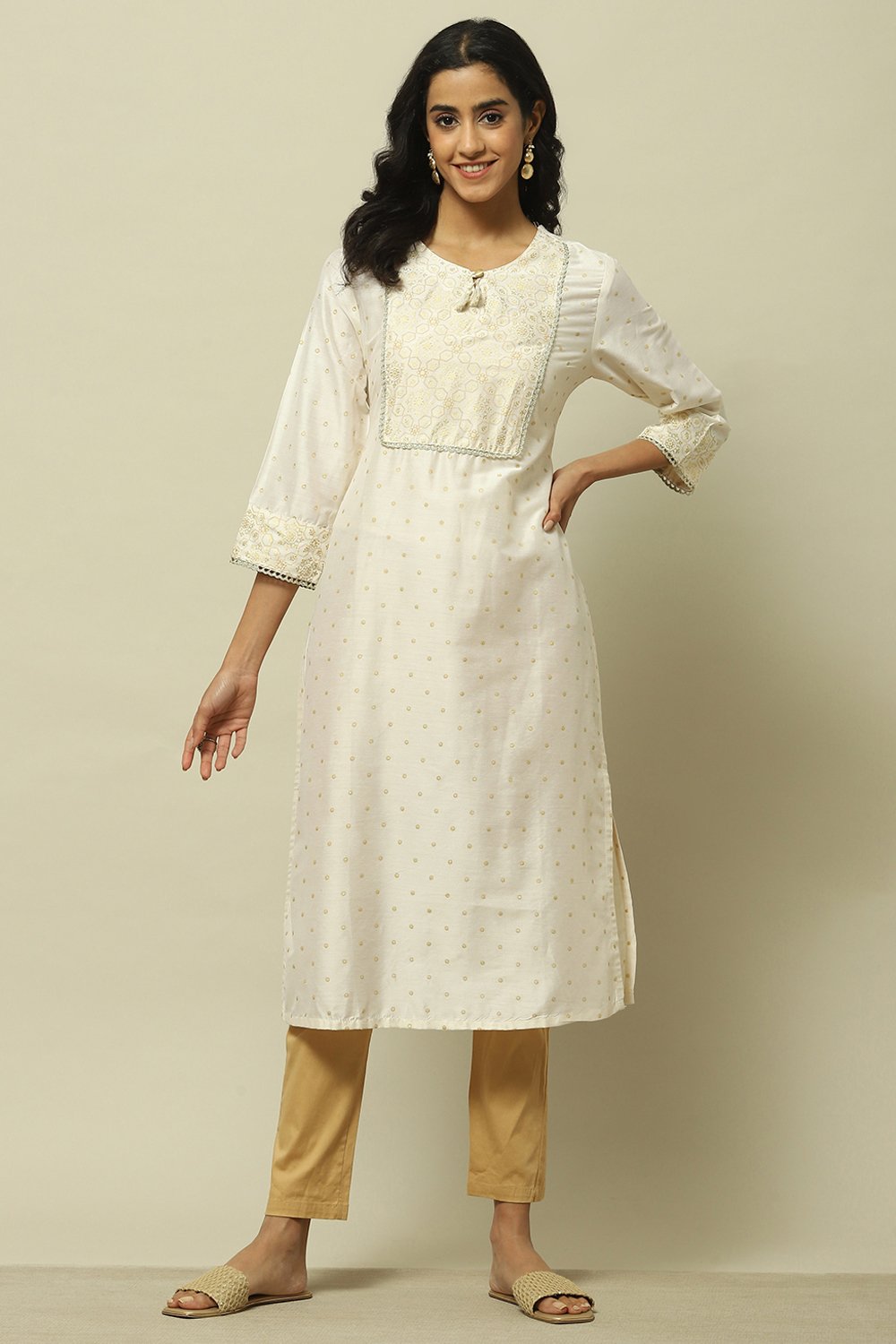 Off White Polyester Straight Kurta image number 0