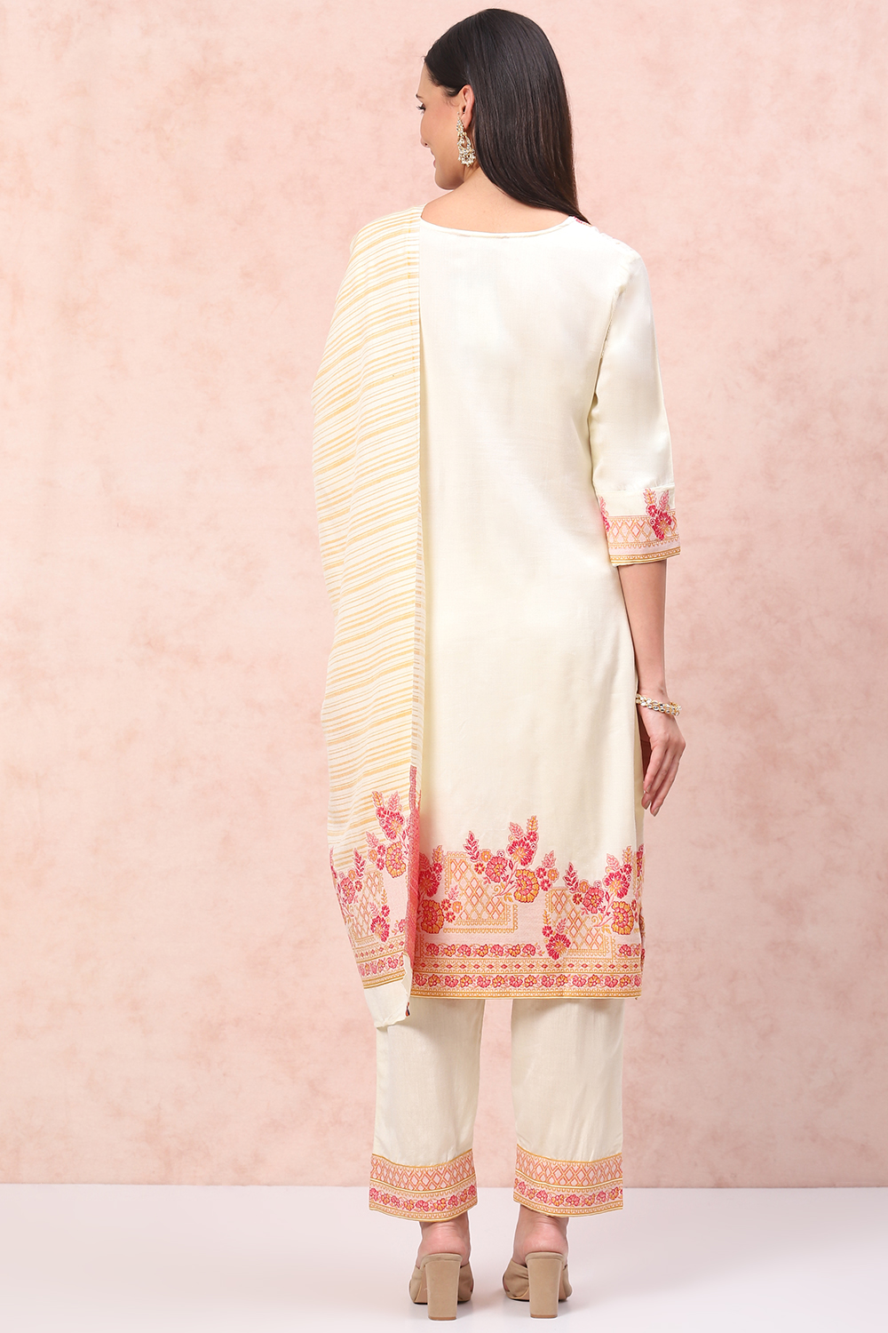 Cream Art Silk Straight Suit Set image number 4