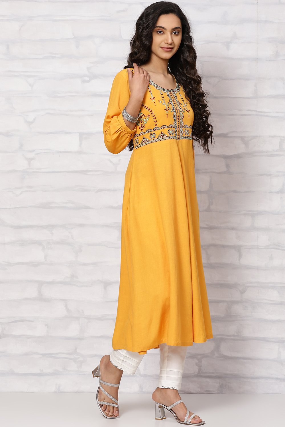 Mustard LIVA Flared  Kurta Dress image number 3