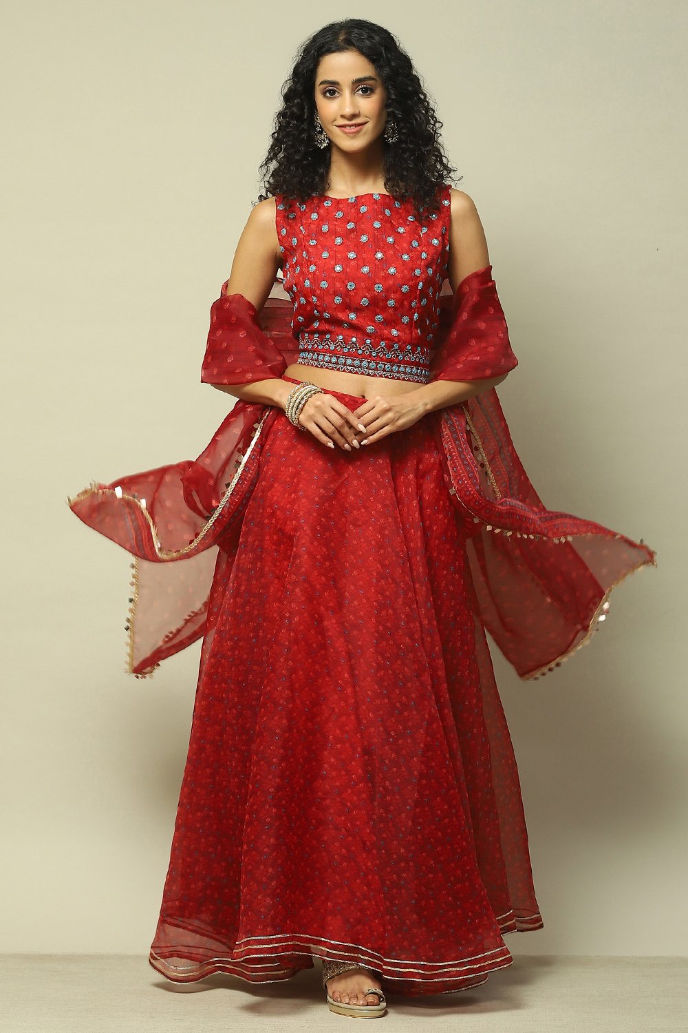 Red Polyester Flared Printed Lehenga set image number 0