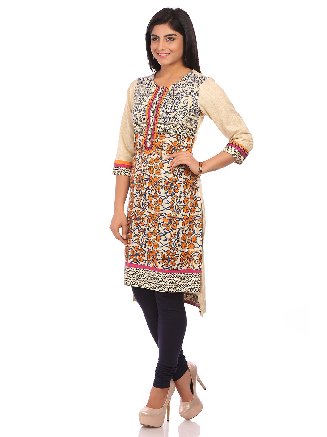 Beige Cotton Asymmetric Kurta image number 3