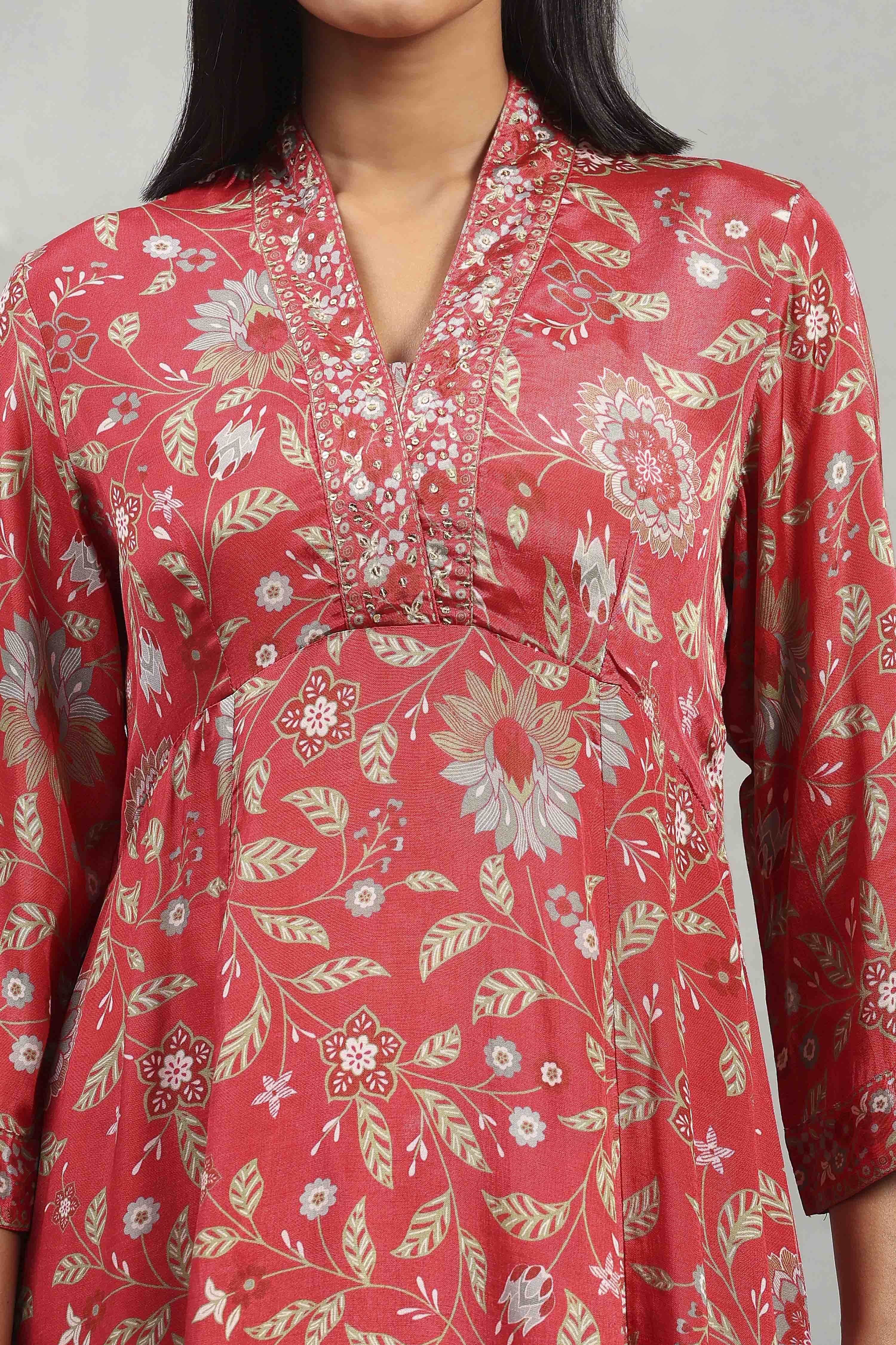 Red Viscose Rayon Printed Kalidar Suit Set image number 1