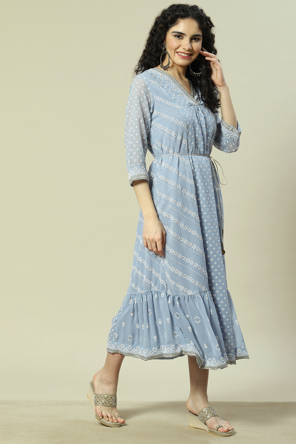 Blue Cotton Blend Kalidar Dress image number 3