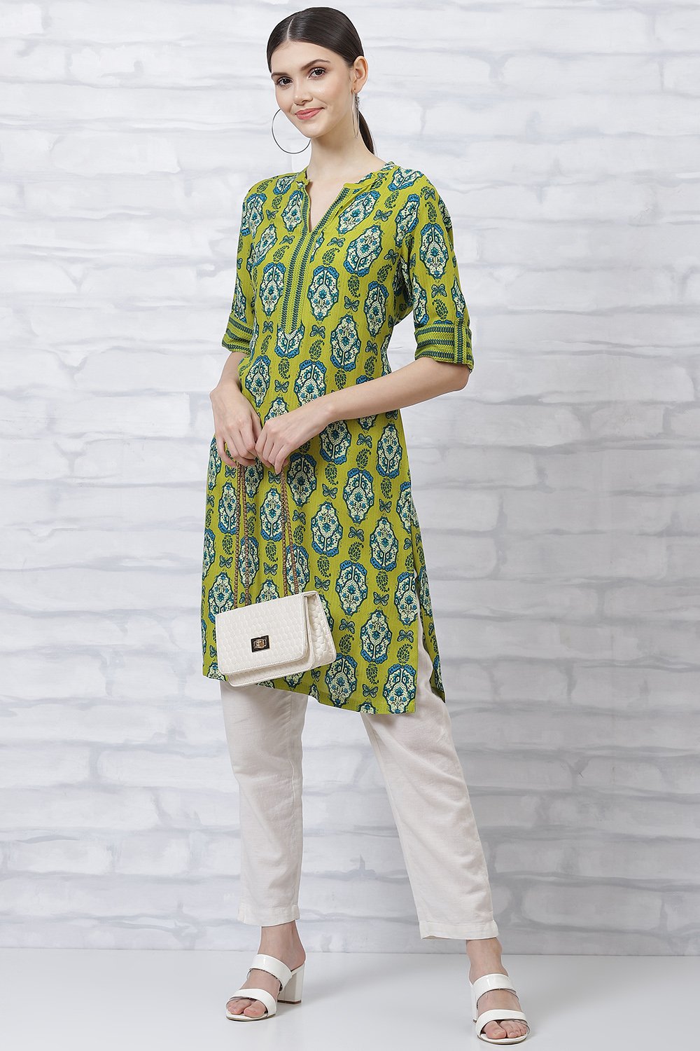 Lime Green LIVA Straight Kurta image number 4
