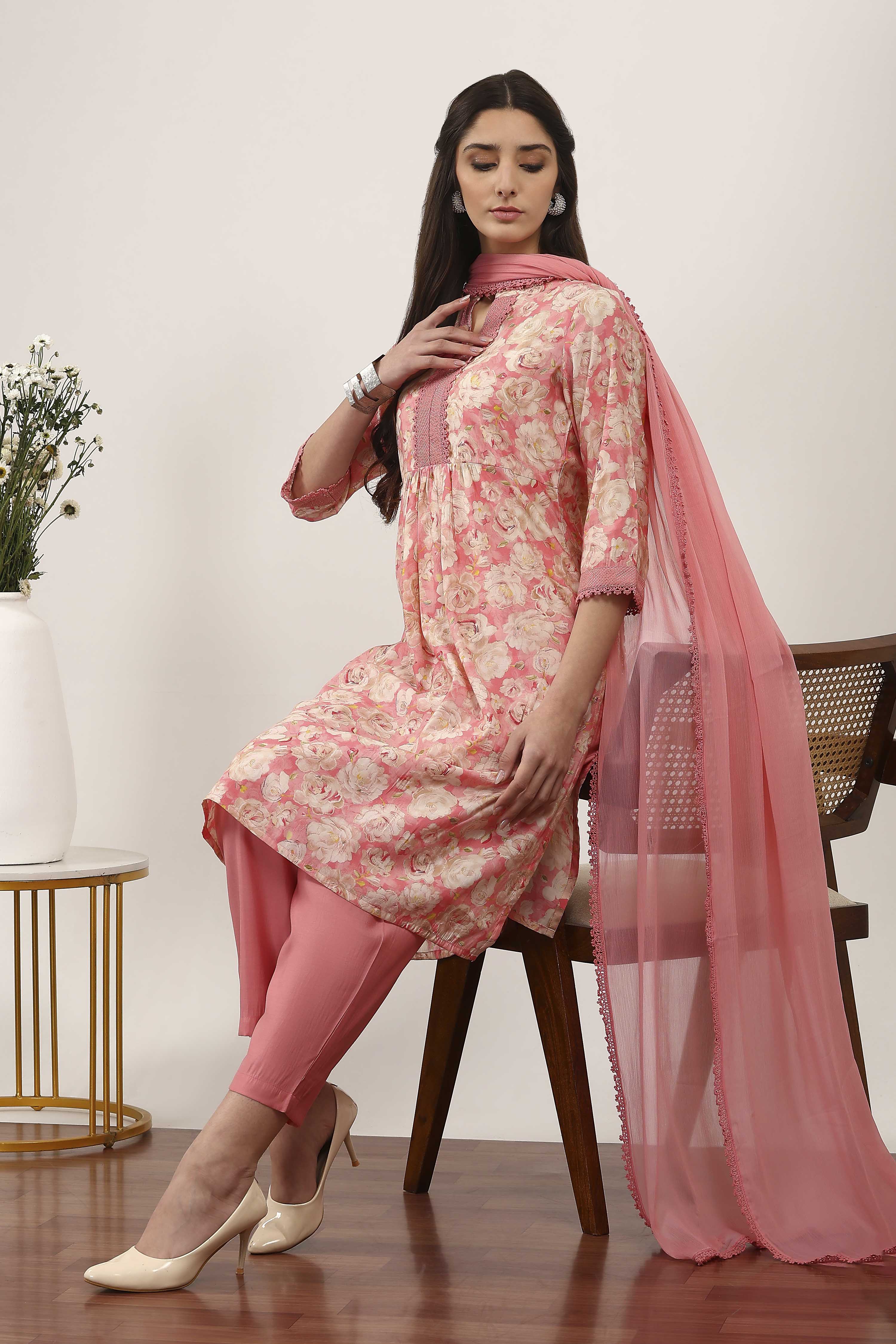 Pink Viscose Polyester Gathered Suit Sets image number 0