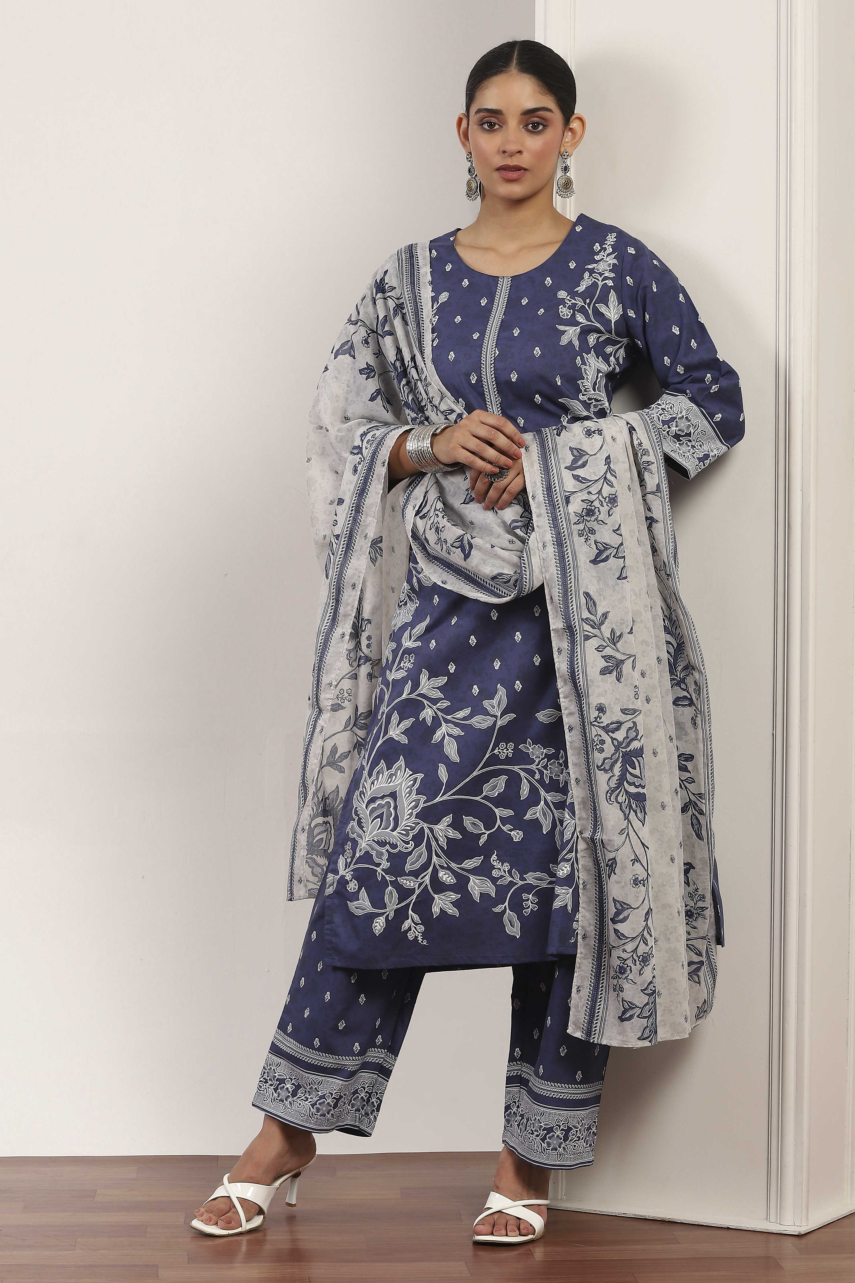 Blue Cotton Straight Suit Sets image number 3